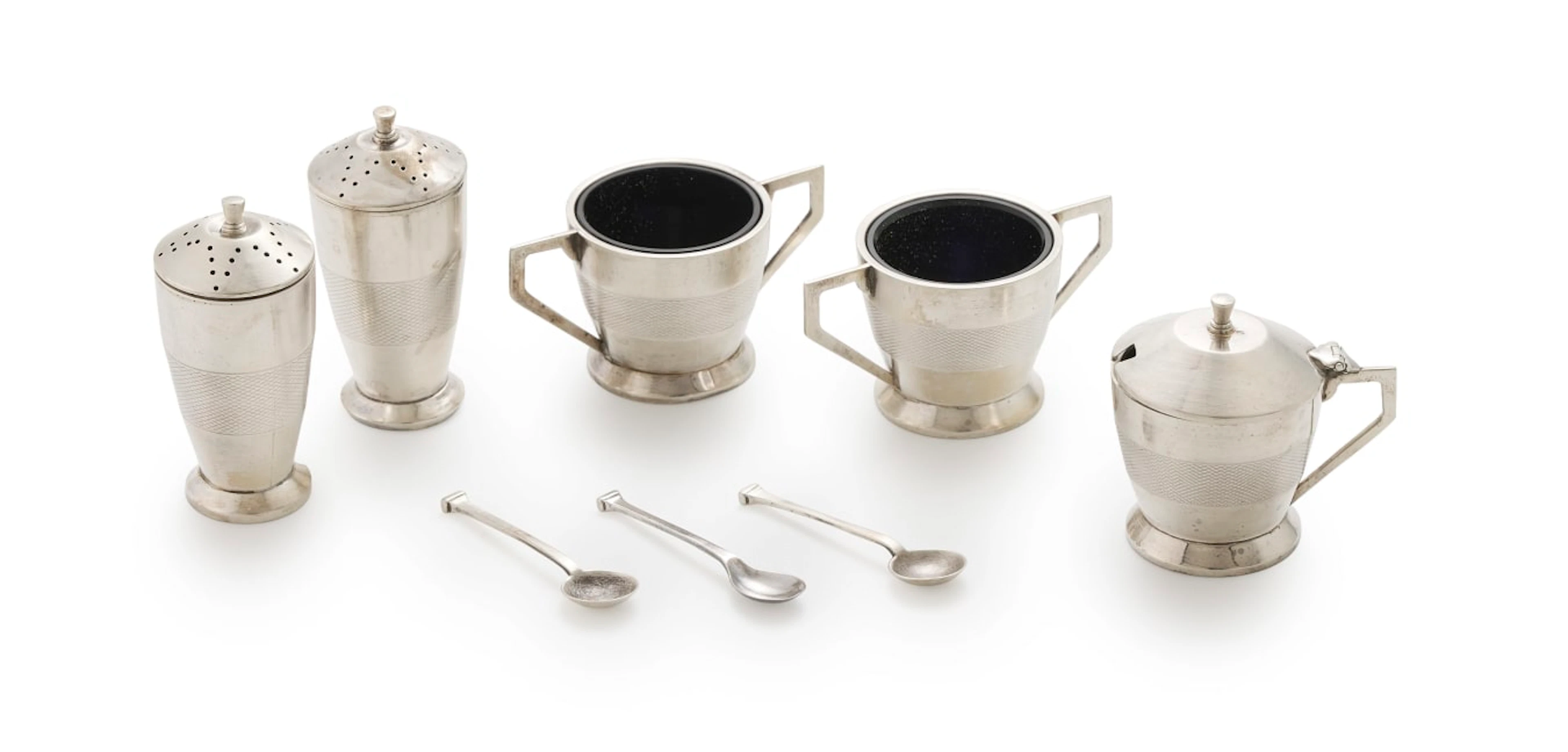 A George VI silver condiment set, Sanders & Mackenzie, Birmingham, 1939