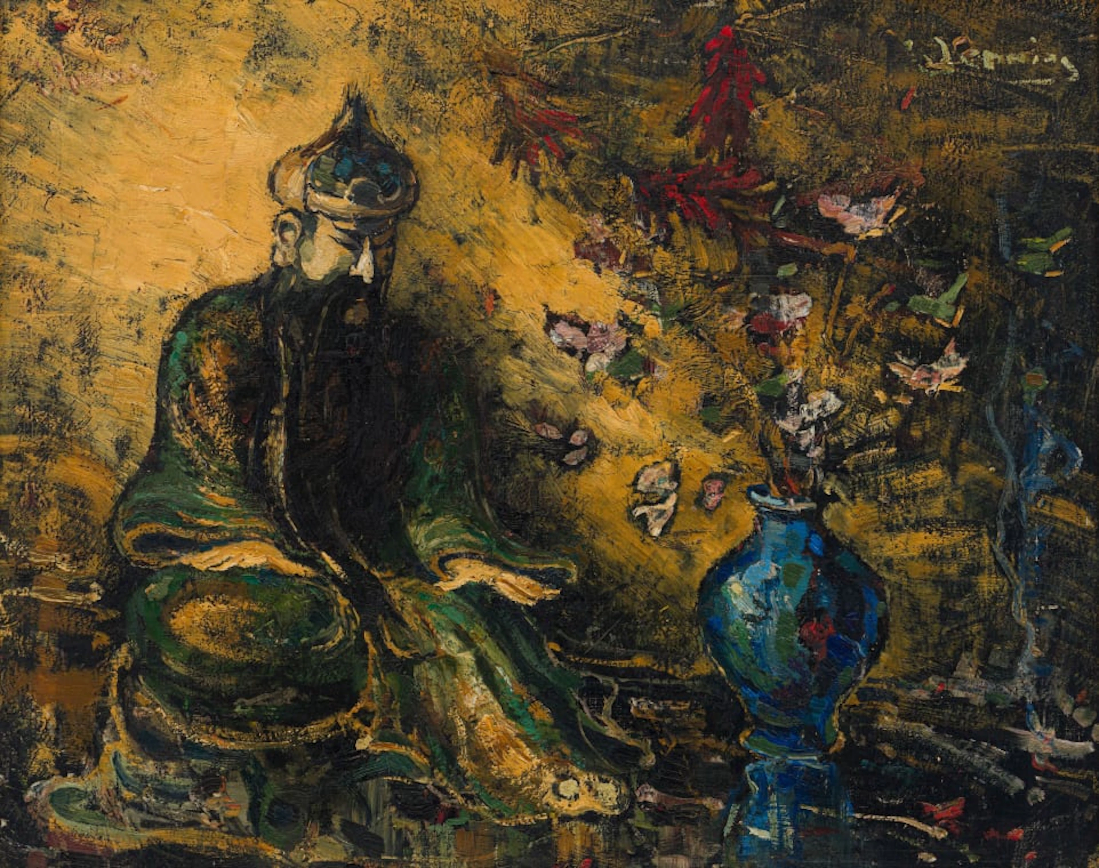 Pieter Wenning; Still Life with Oriental Figurine and Vase of Flowers