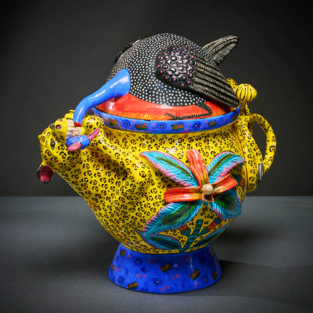 Ardmore Ceramic Studio; Leopard and guineafowl lidded vessel