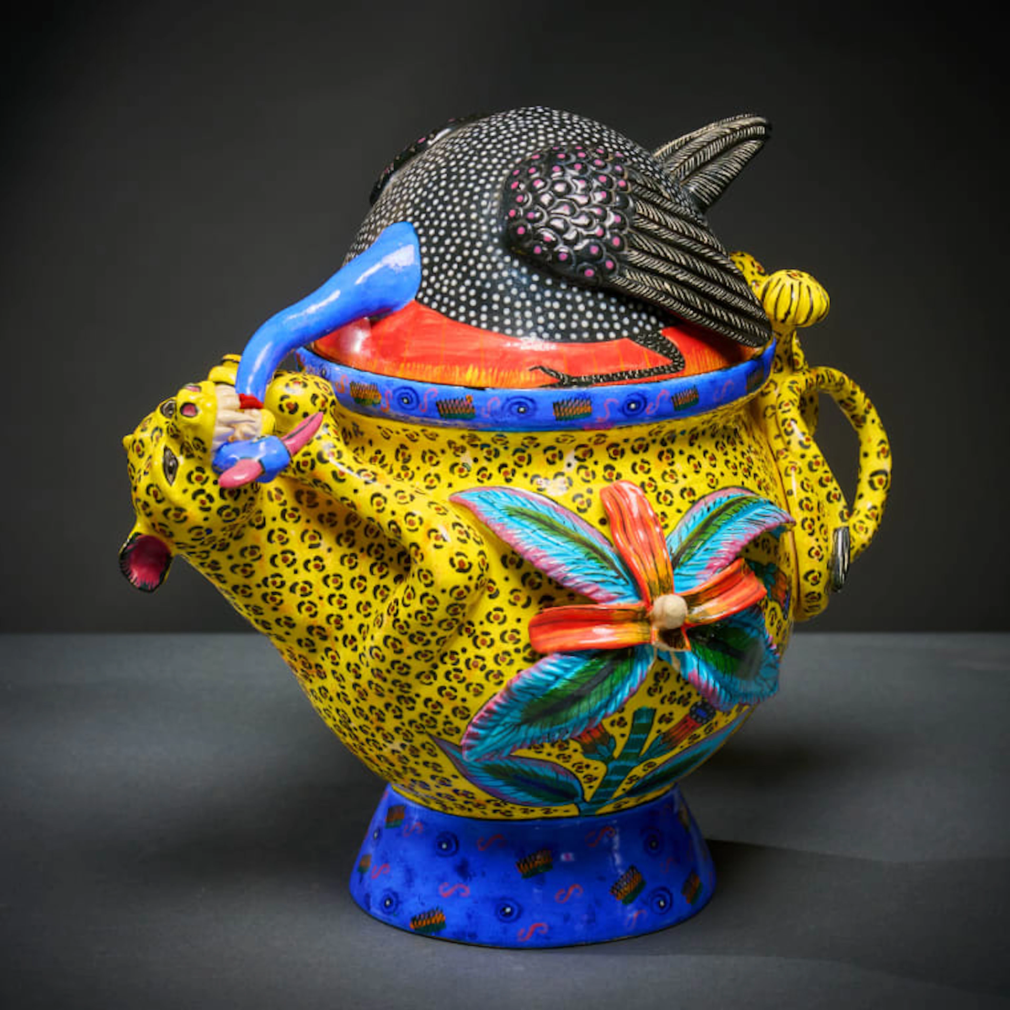 Ardmore Ceramic Studio; Leopard and guineafowl lidded vessel