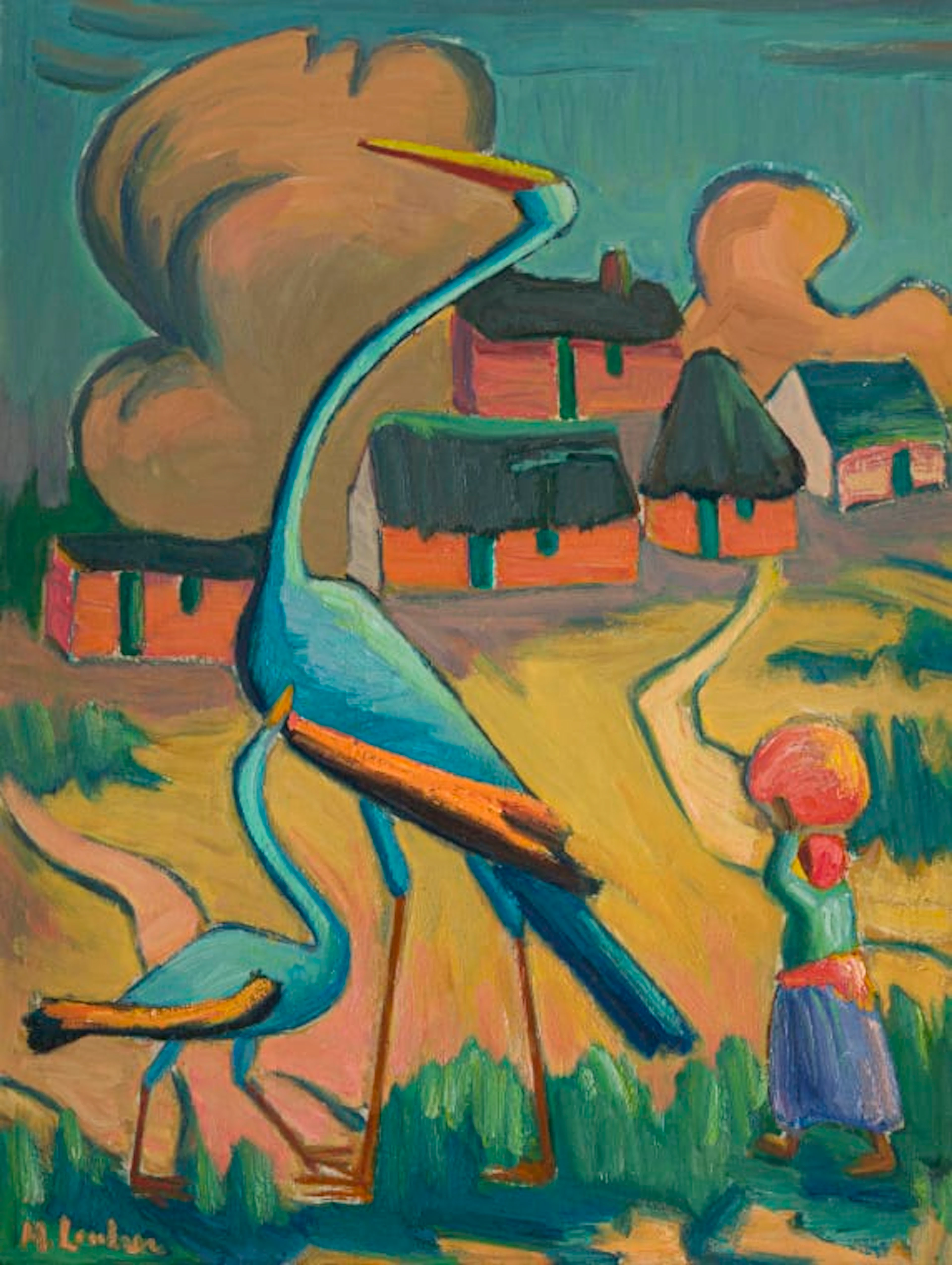 Maggie Laubser; Blou Voëls/Birds in a Landscape with Figure and Huts