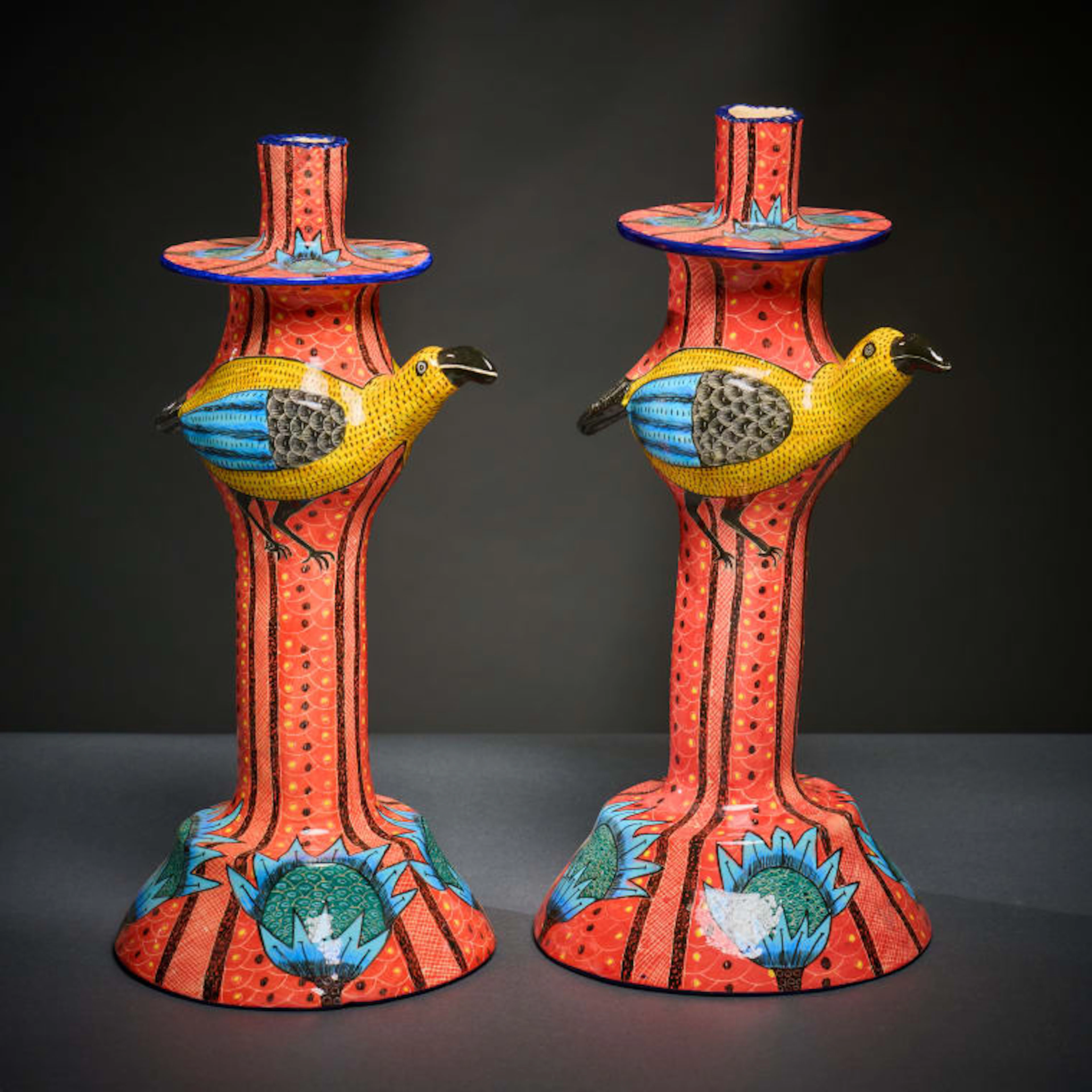 Ardmore Ceramic Studio; Pair of bird candlesticks