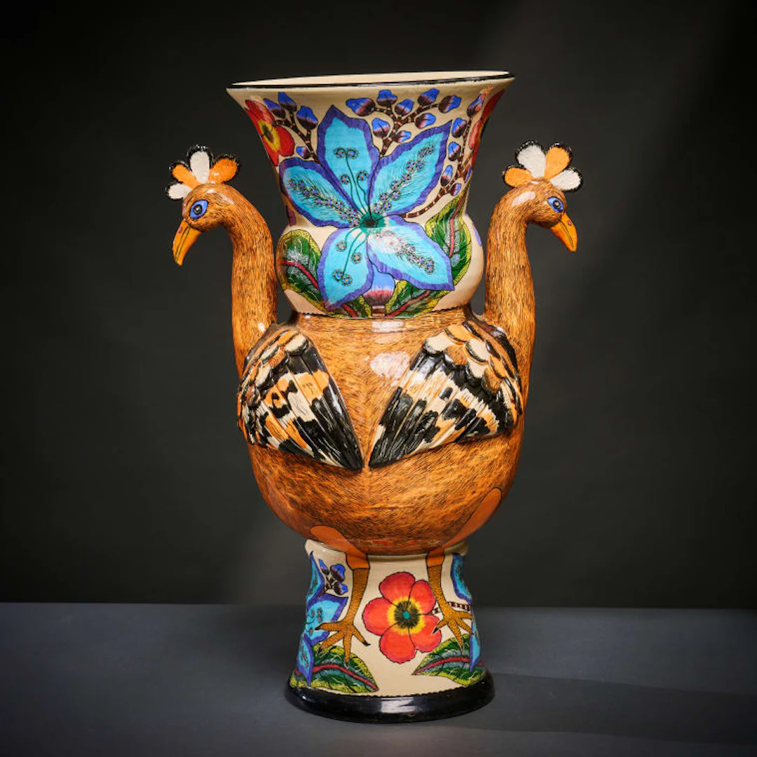Ardmore Ceramic Studio; Hoopoe and flower vase