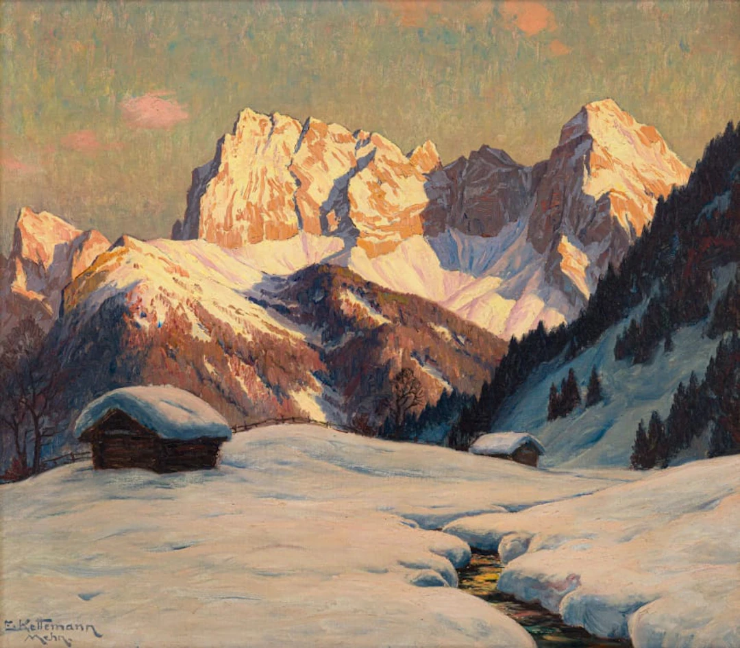 Erwin Kettemann; Winterabend bei Mittenwald mit Karwendal (Winter