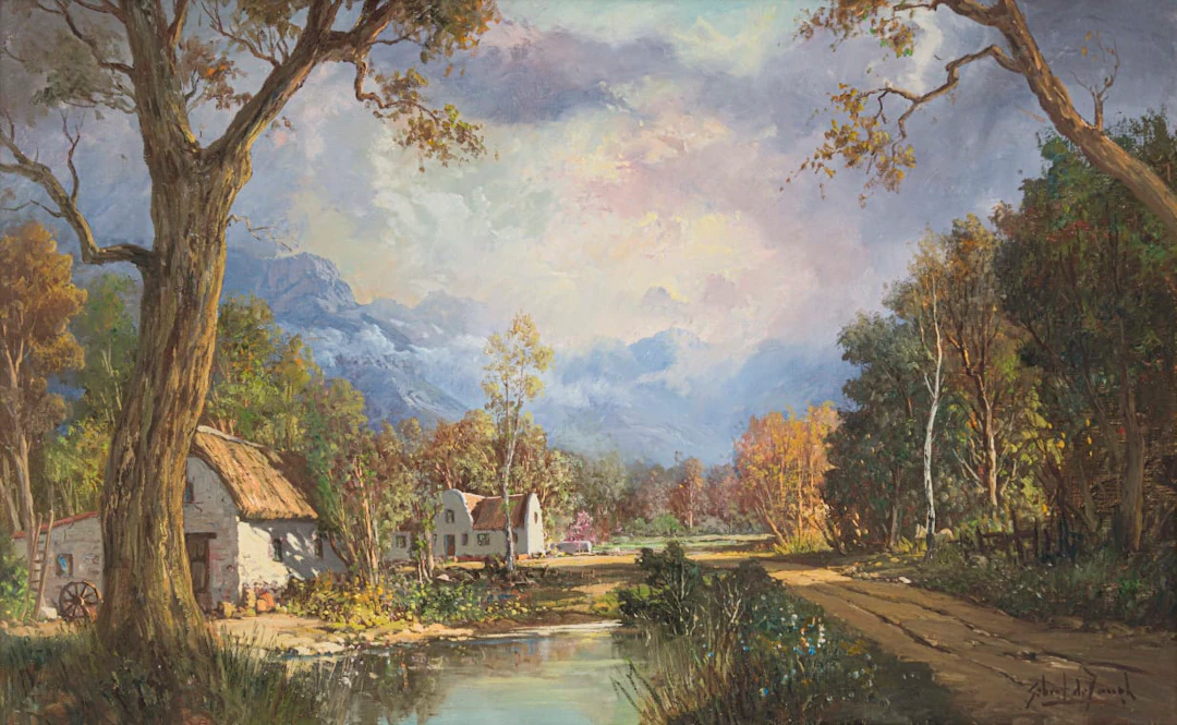 Gabriel de Jongh; Landscape with Cottage, Pond and Mountains