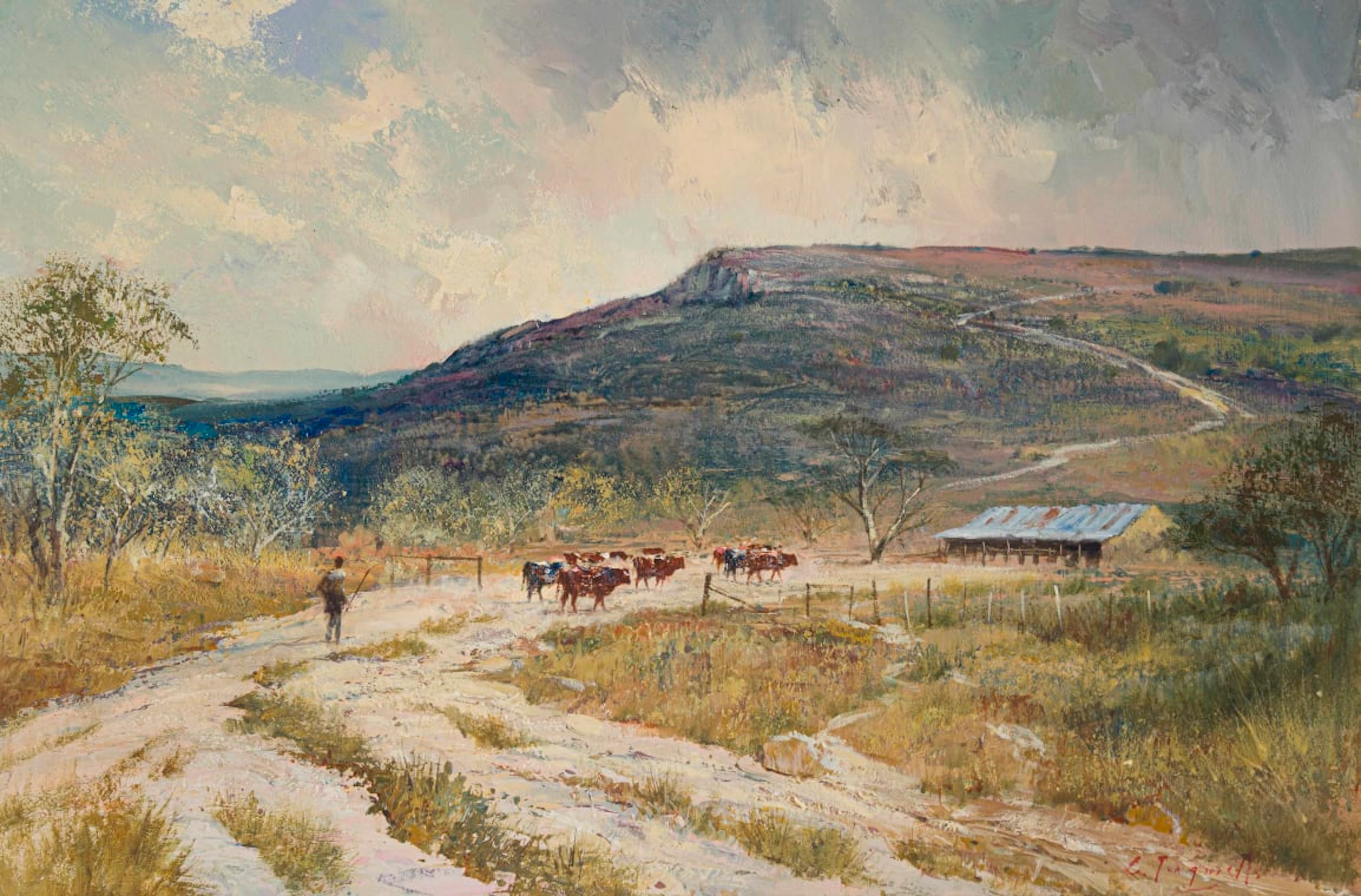 Christopher Tugwell; Landscape with Figure, Road and Cattle