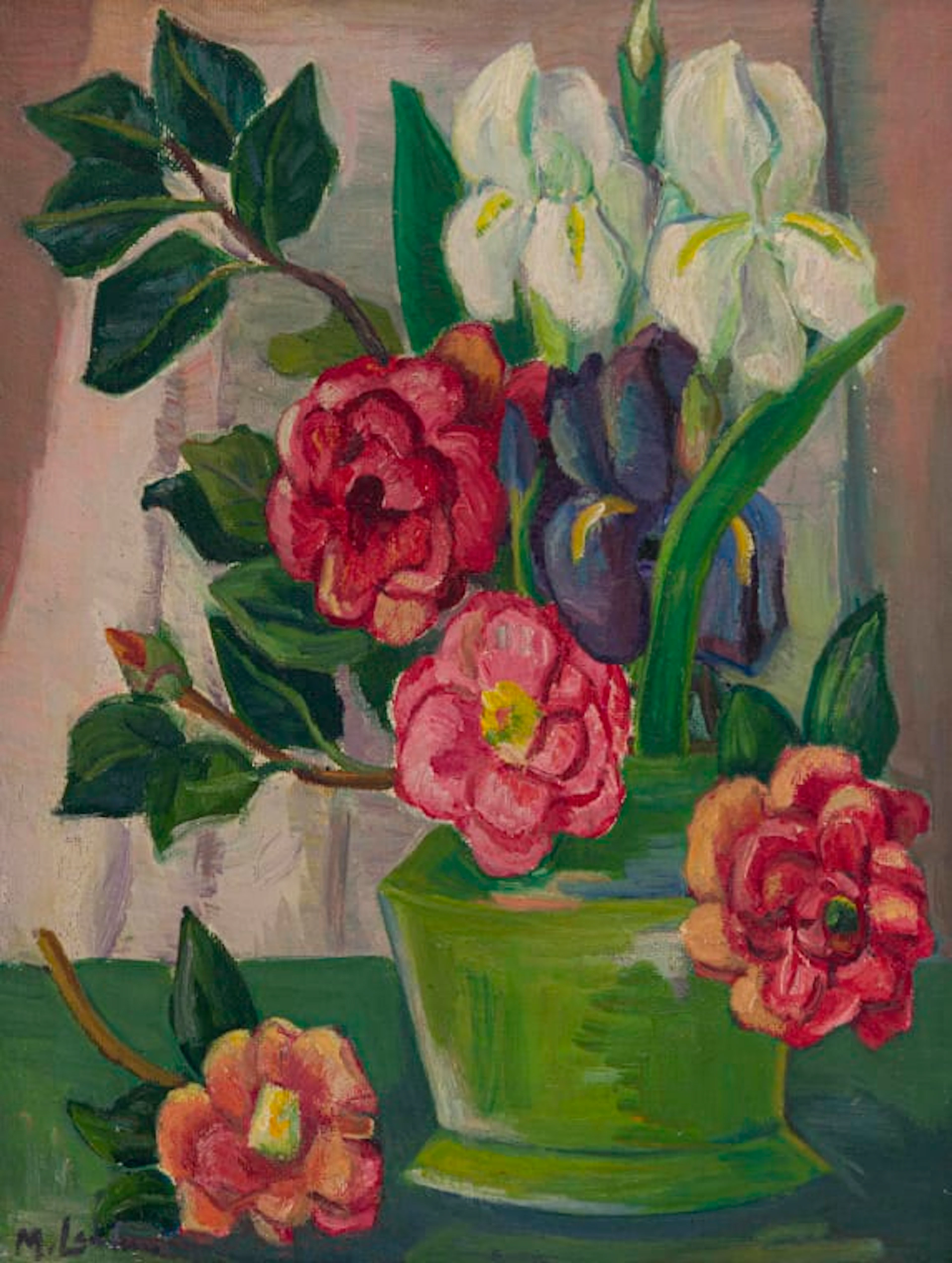 Maggie Laubser; Irises and Camellias in a Vase