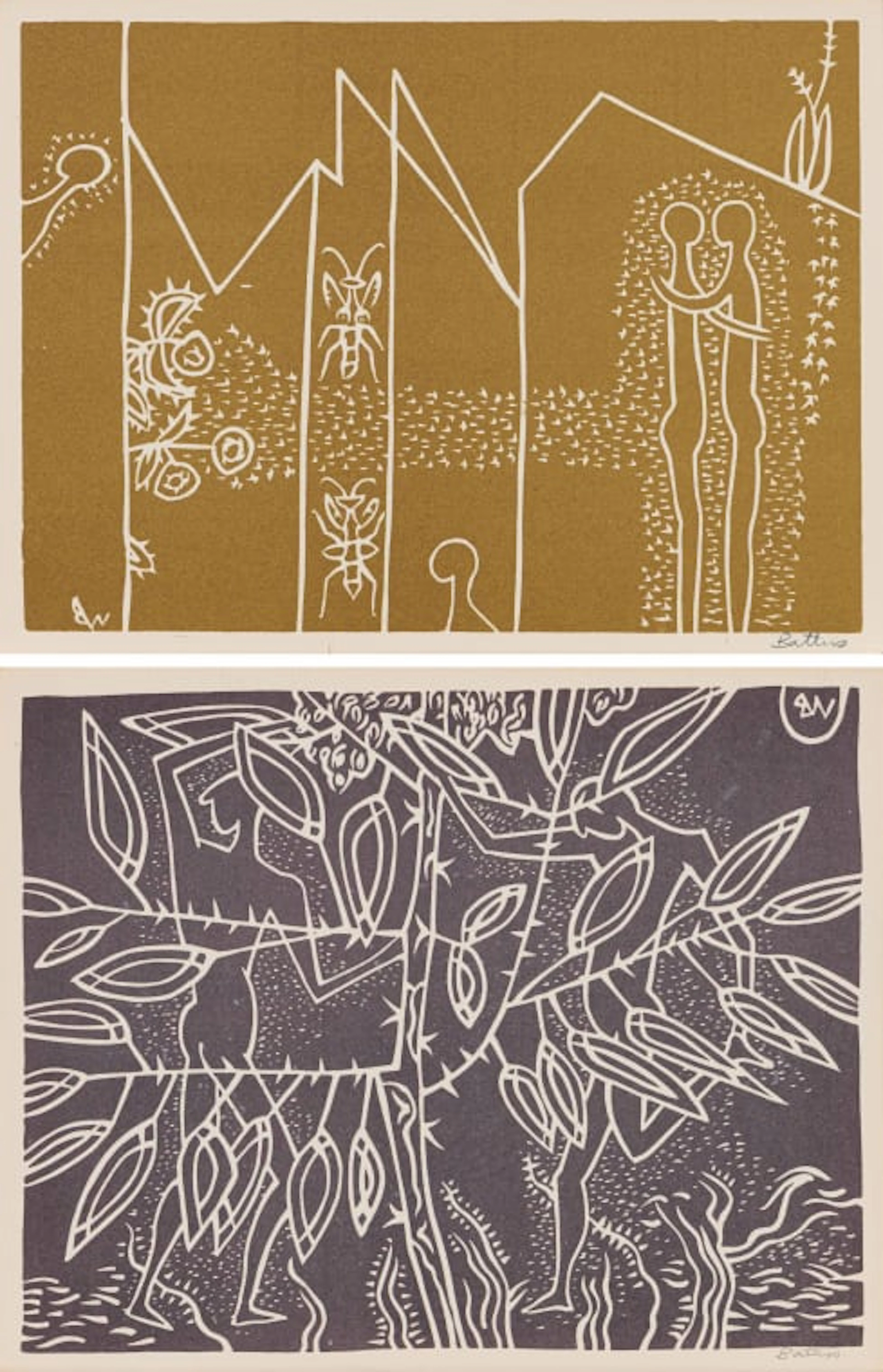 Walter Battiss; The Locust Swarm; Boys Collecting Wild Fruits, two