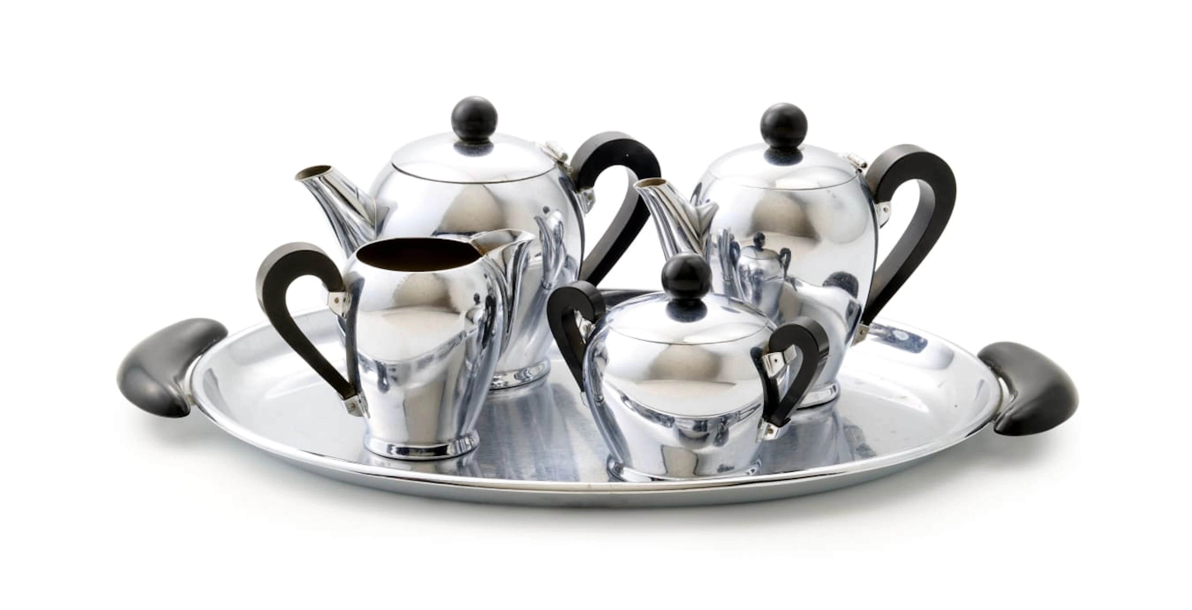 A five-piece bombé stainless steel coffee and tea service, Alfra Alessi