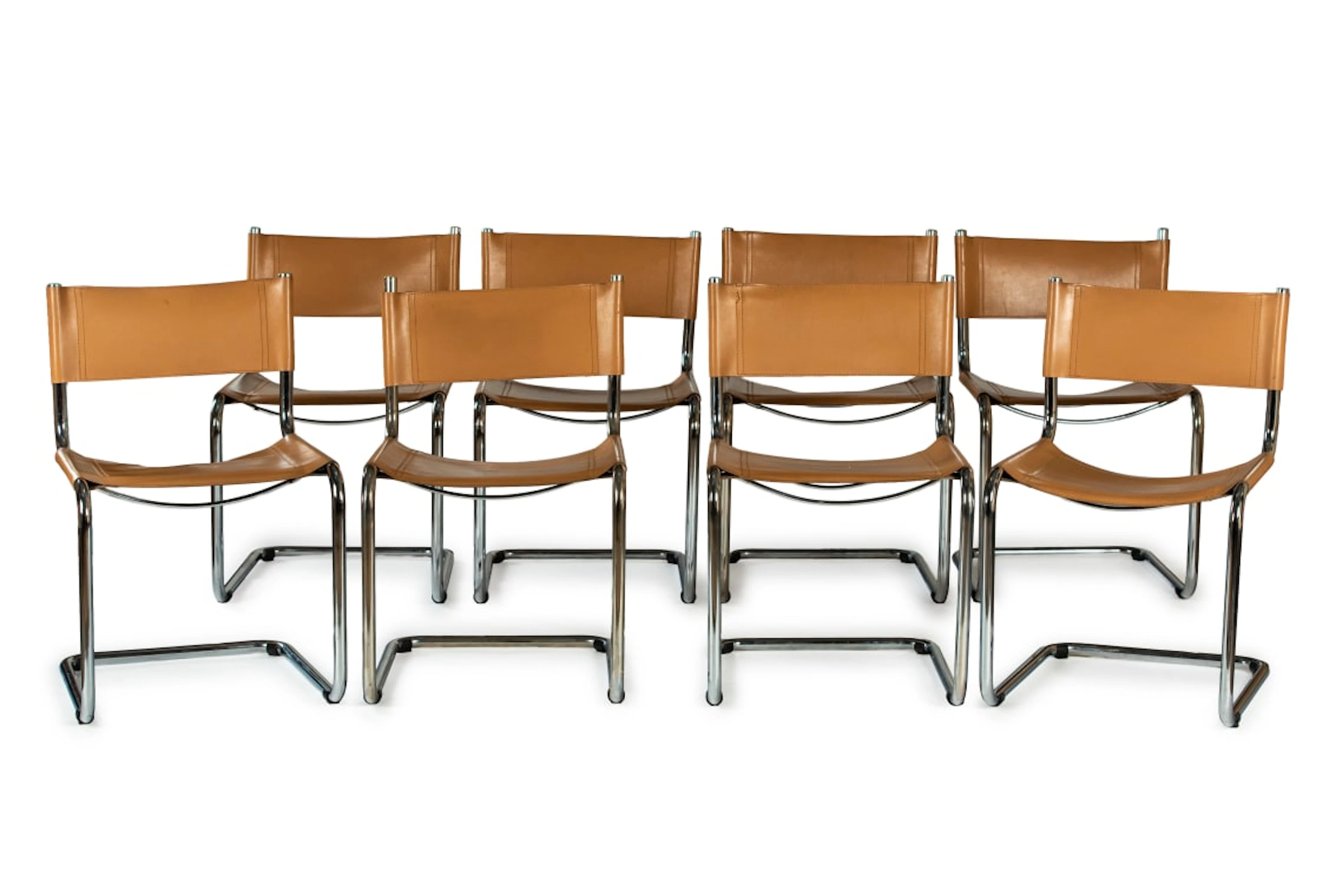 Set of eight chrome and leather Bauhaus style cantilever chairs