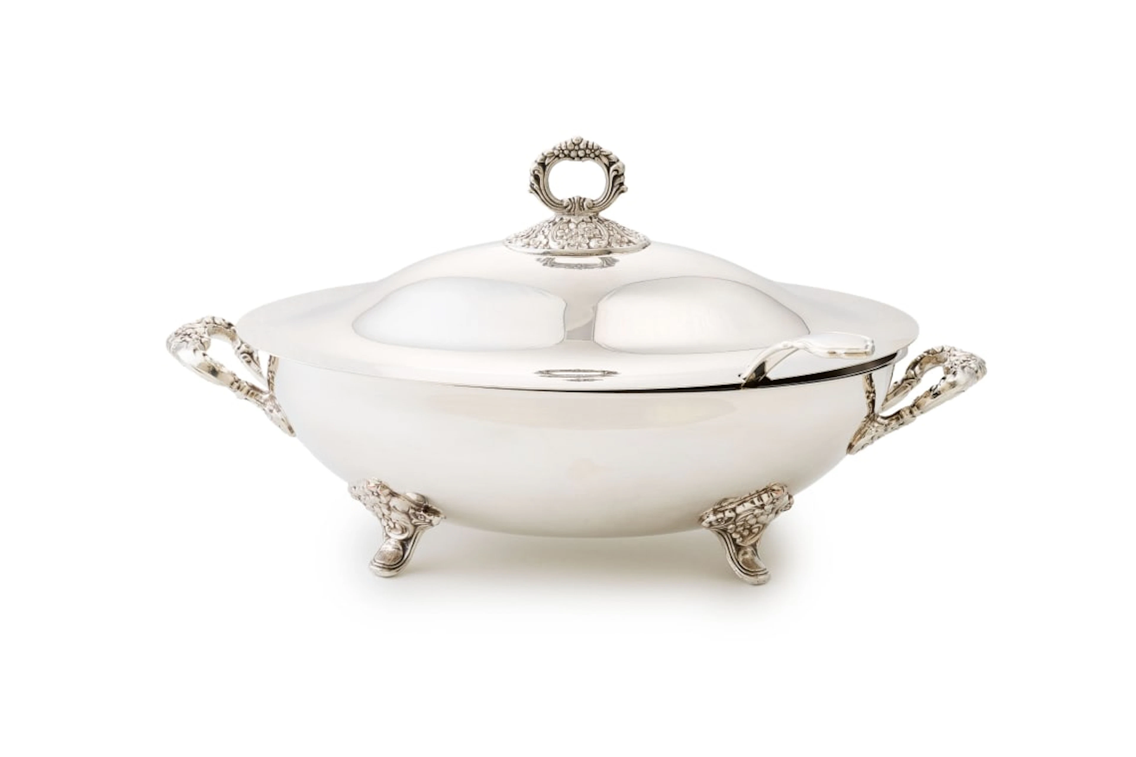 An electroplated silver electroplated soup tureen and ladle, stamped