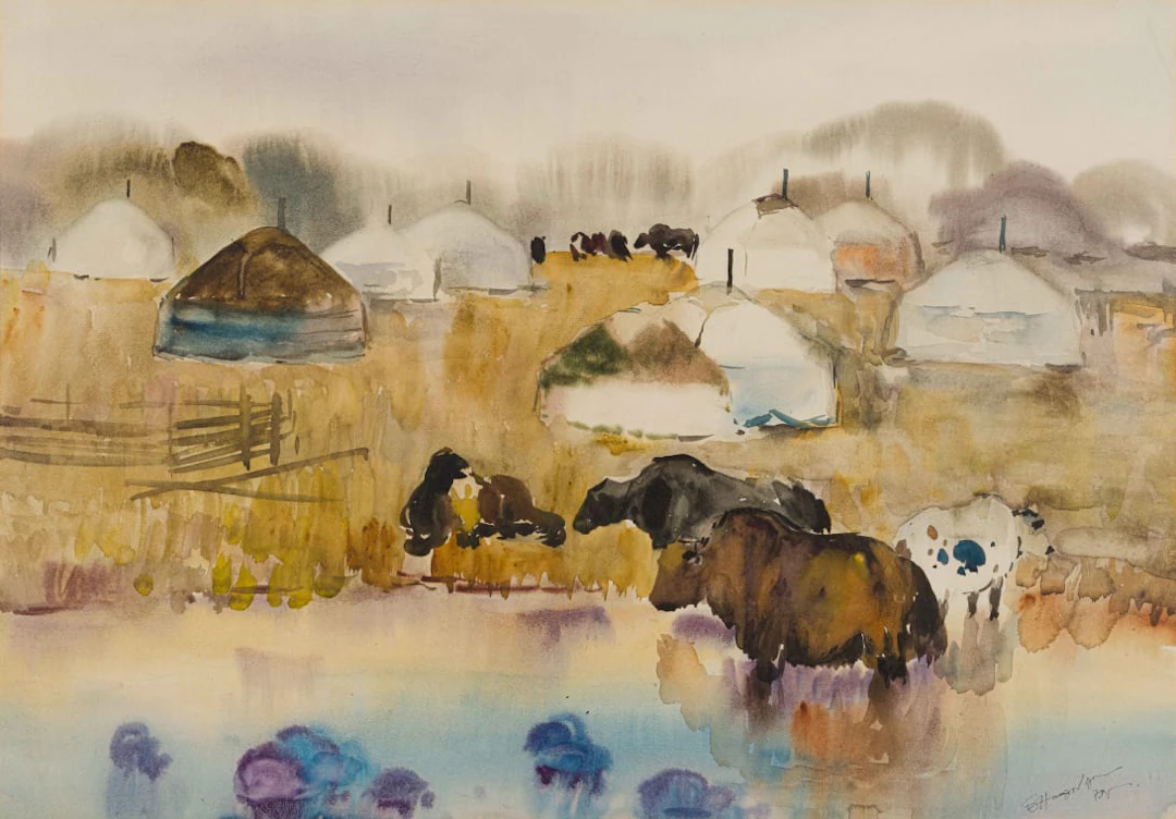 Mongolian School; Landscape with Yurts and Yaks