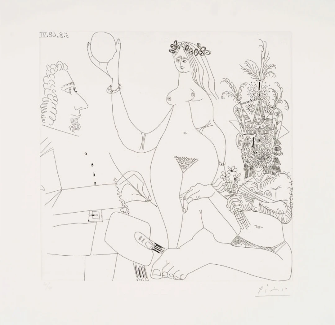 Pablo Picasso; Peintre devant une des Trois Grâces de Raphaël, et