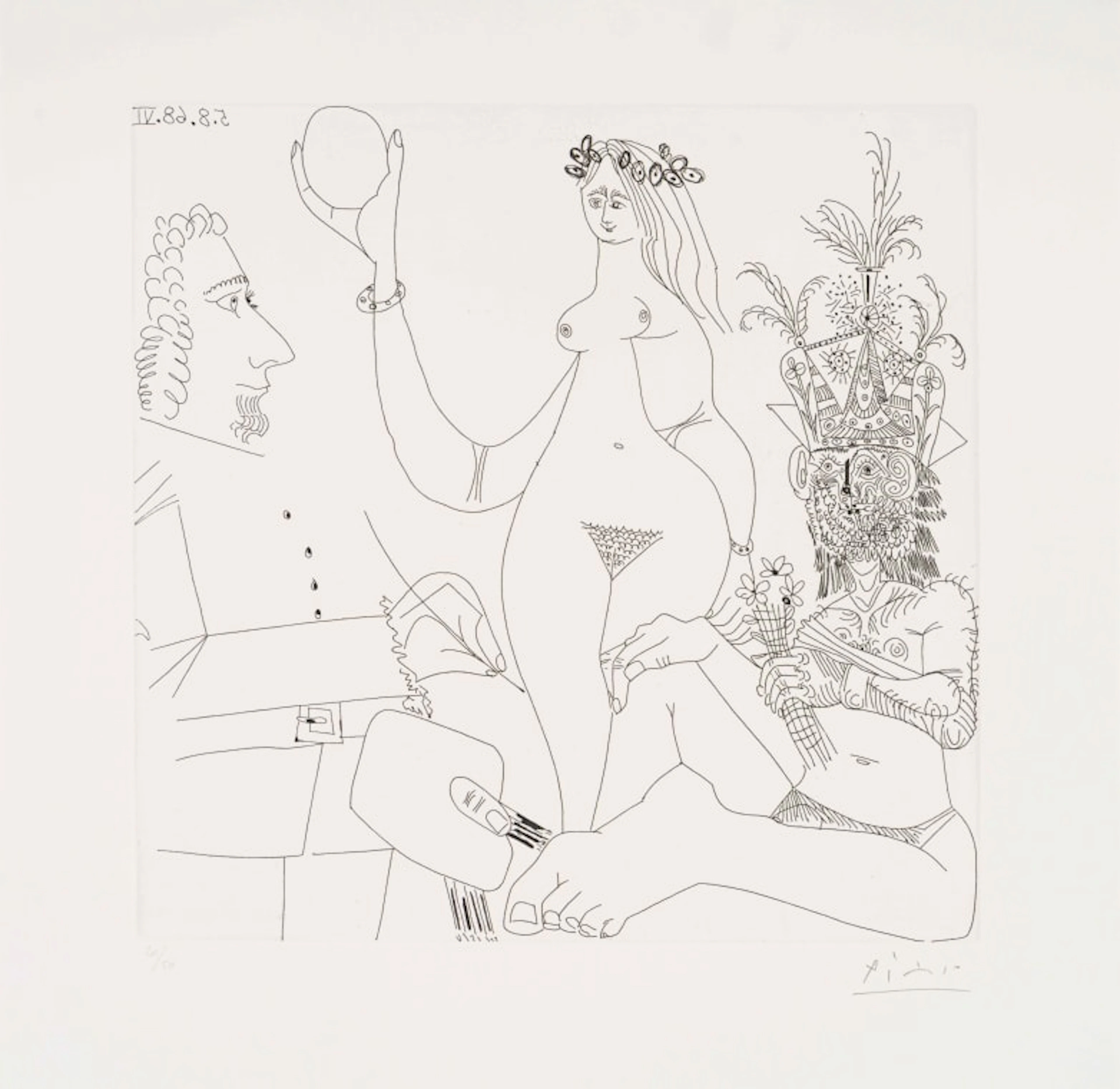 Pablo Picasso; Peintre devant une des Trois Grâces de Raphaël, et
