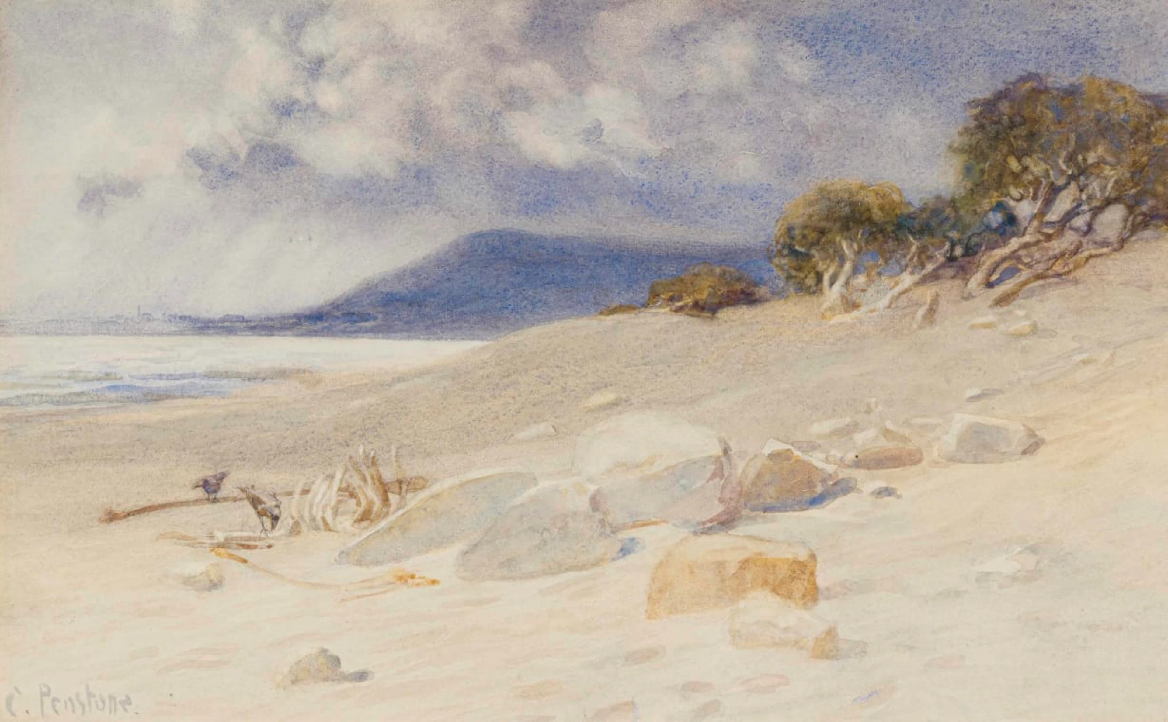 Constance Penstone; Beach Scene with Trees and Distant Mountain