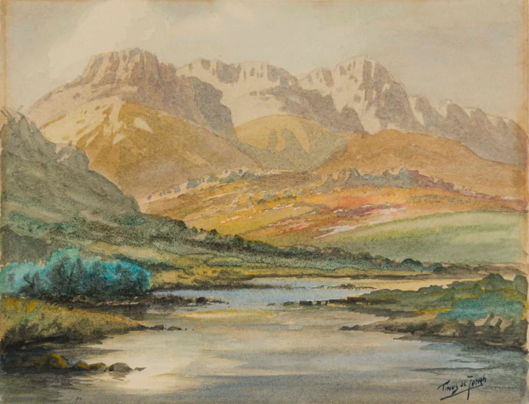 Tinus de Jongh; Riverscape with Distant Mountains
