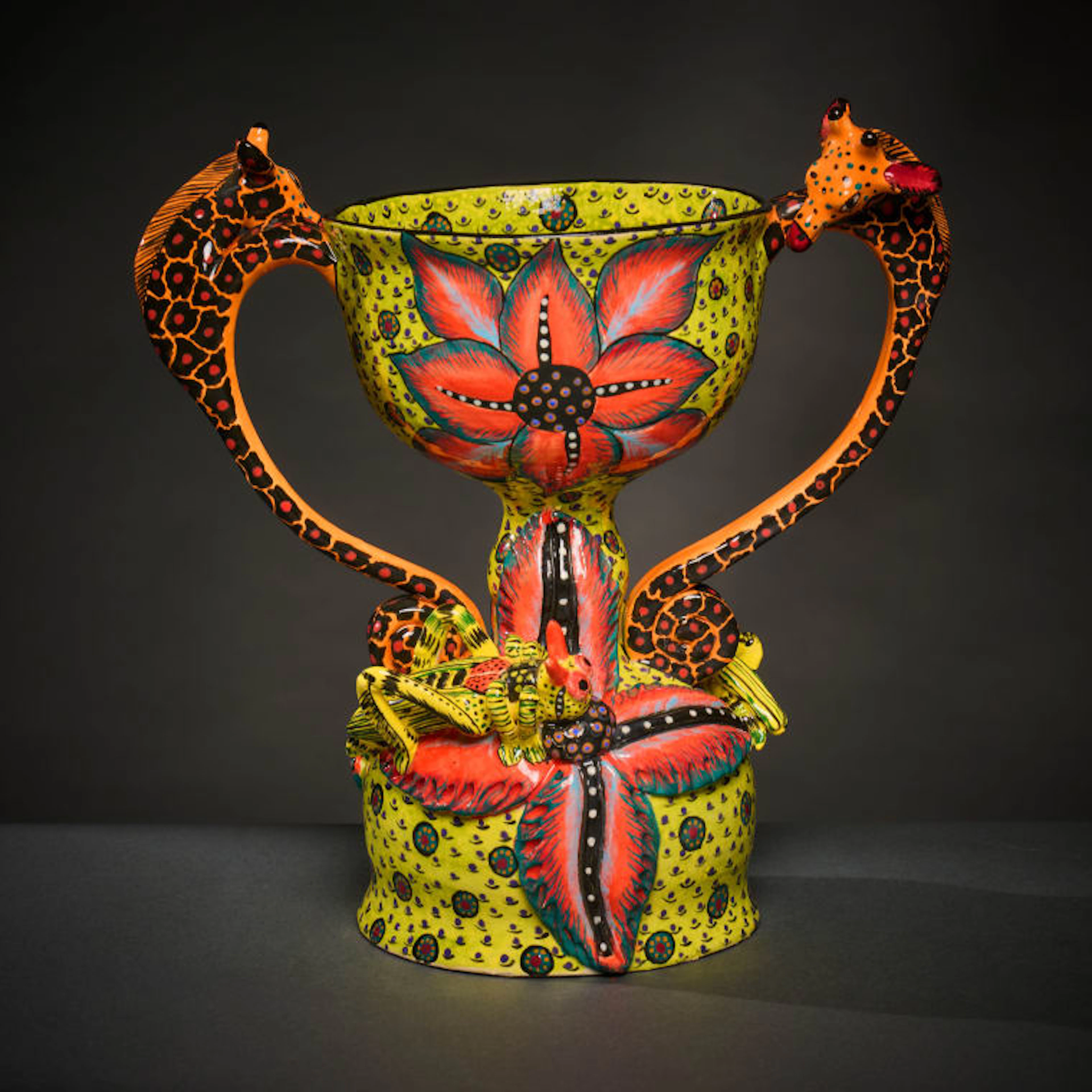 Ardmore Ceramic Studio; Stemmed giraffe and cricket bowl with handles