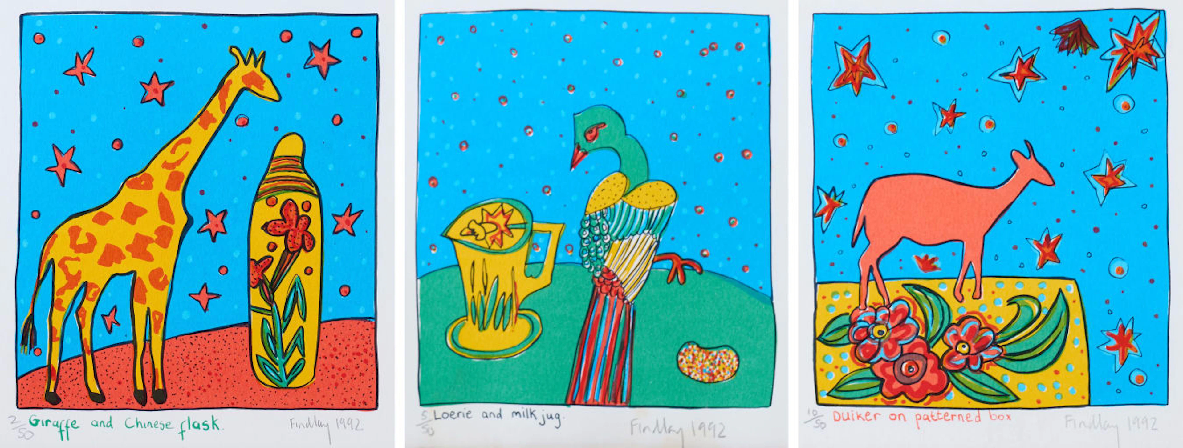 Bronwen Findlay; Giraffe and Chinese Flask; Loerie and Milk Jug; Duiker