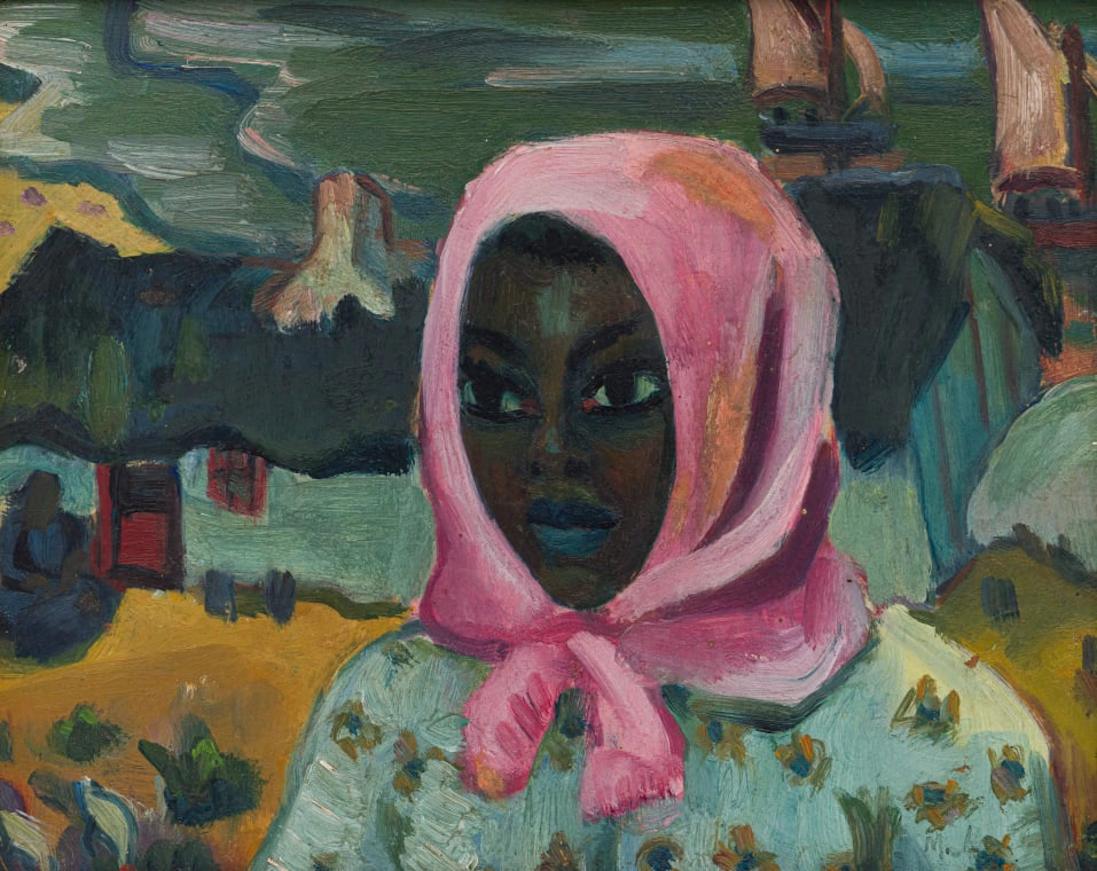 Maggie Laubser; Portrait of a Woman with Head Scarf; Landscape with