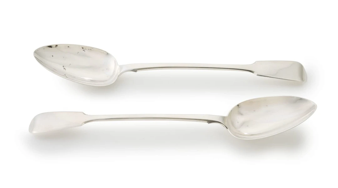 A pair of Victorian silver Fiddle pattern serving spoons, London, 1841