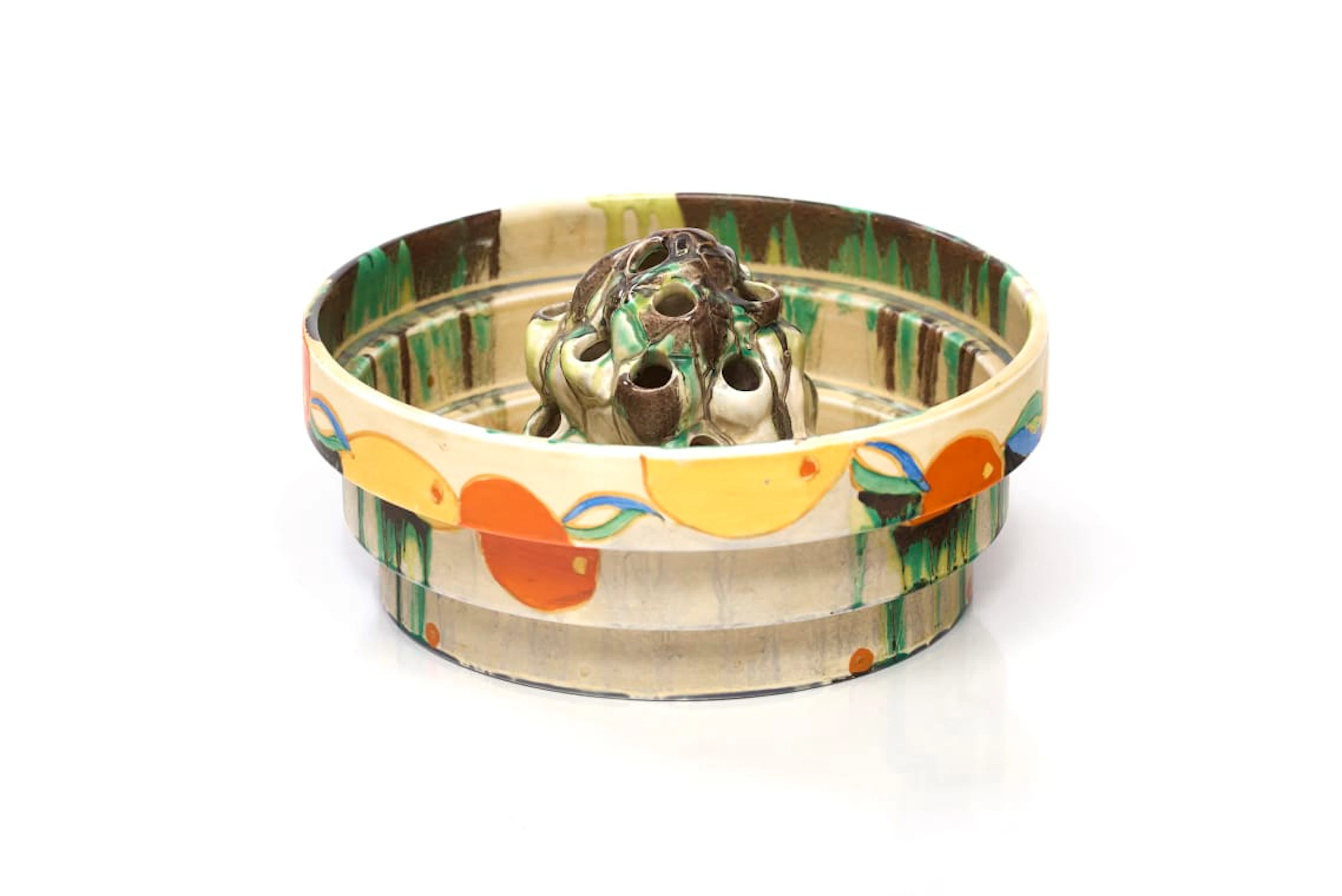 Clarice Cliff; A Clarice Cliff 'Delecia Bizarre' bowl and flower frog