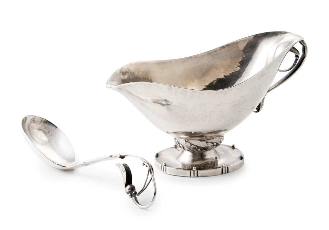 A Georg Jensen silver 'Blossom' sauceboat and ladle, Georg Jensen