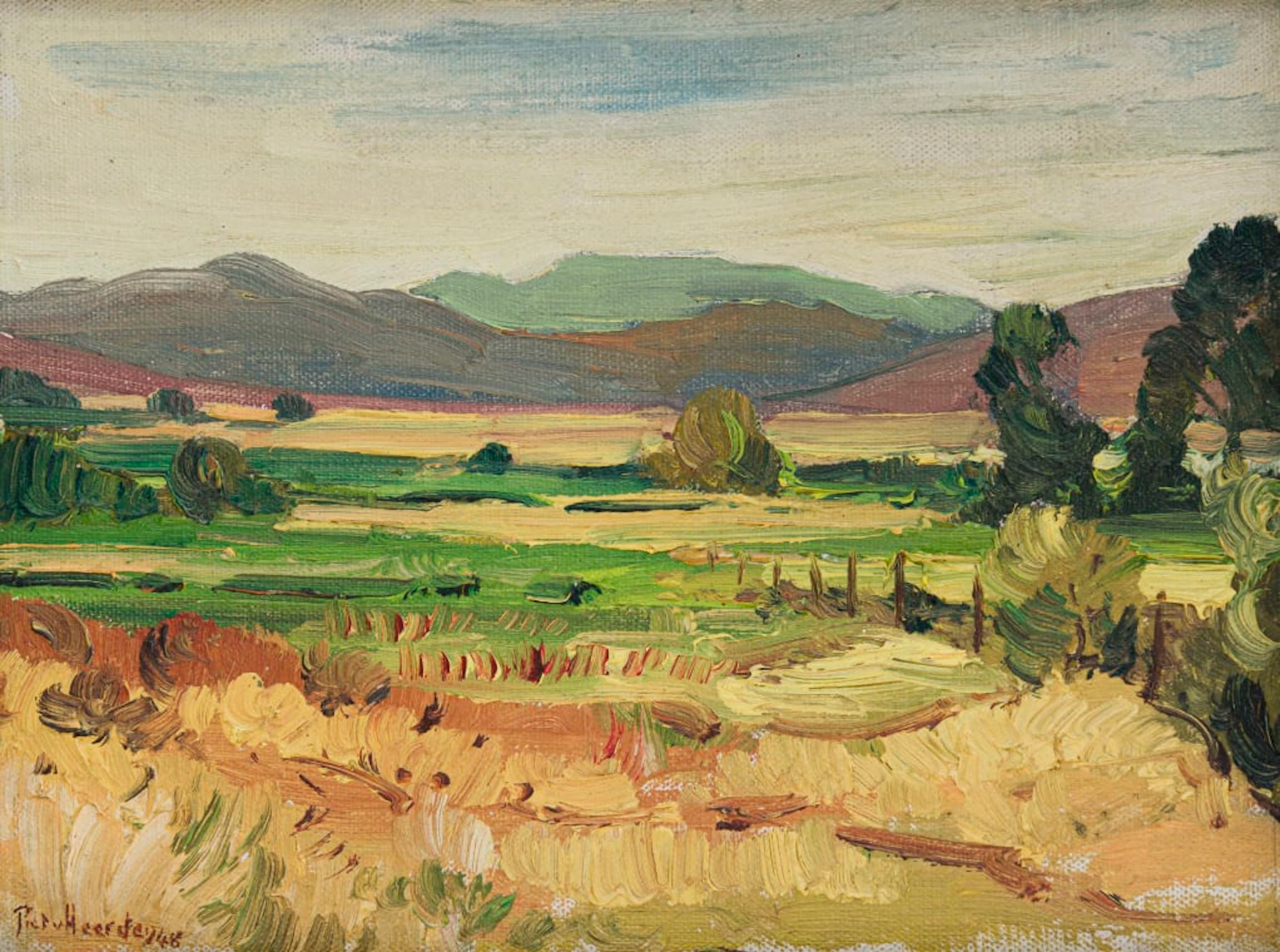 Piet van Heerden; Farm Landscape with Distant Mountains