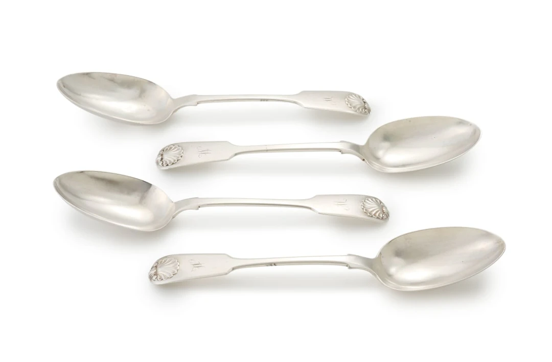 Four Victorian silver Fiddle-and-Shell pattern dinner spoons, Clement