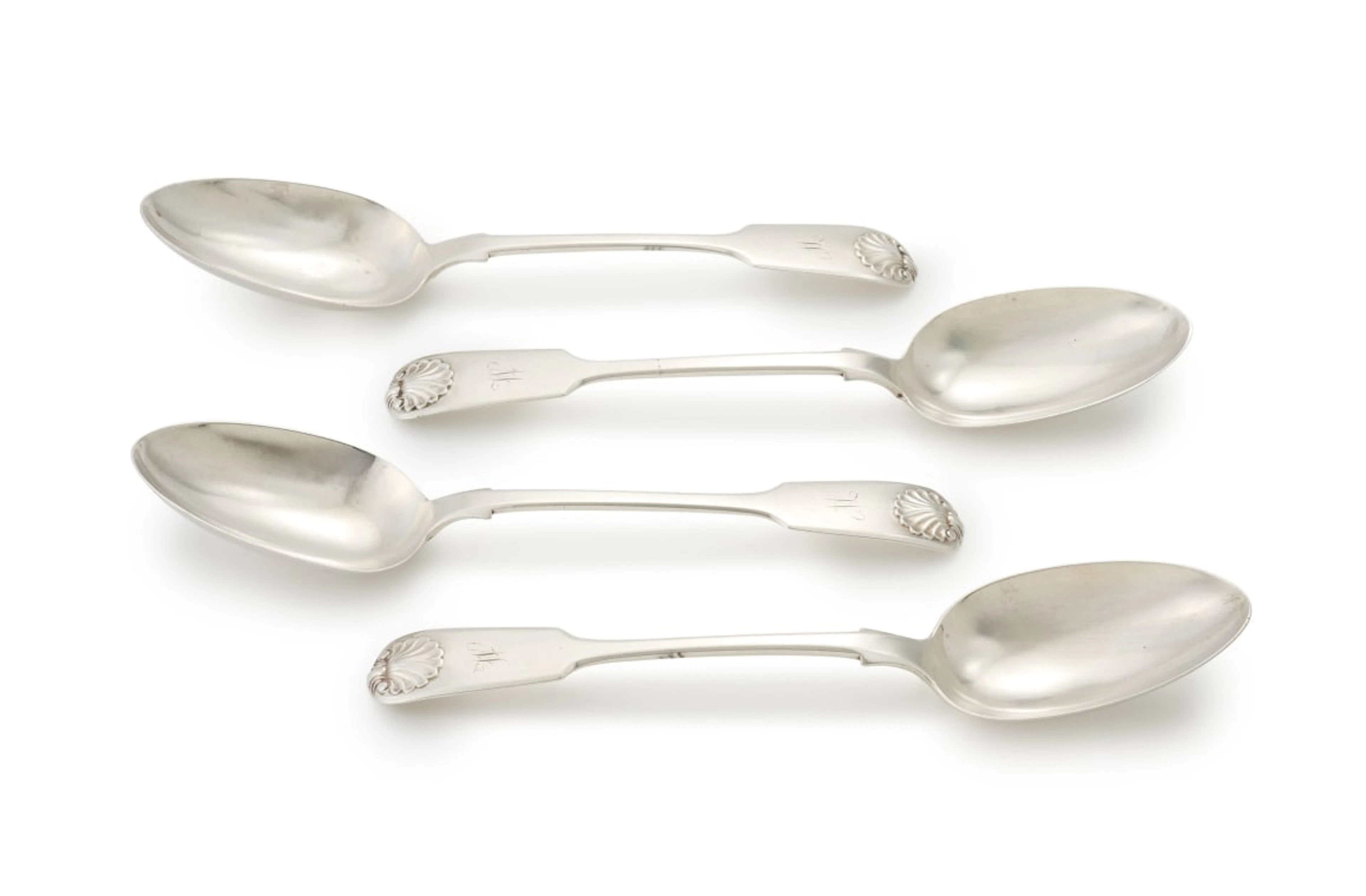 Four Victorian silver Fiddle-and-Shell pattern dinner spoons, Clement