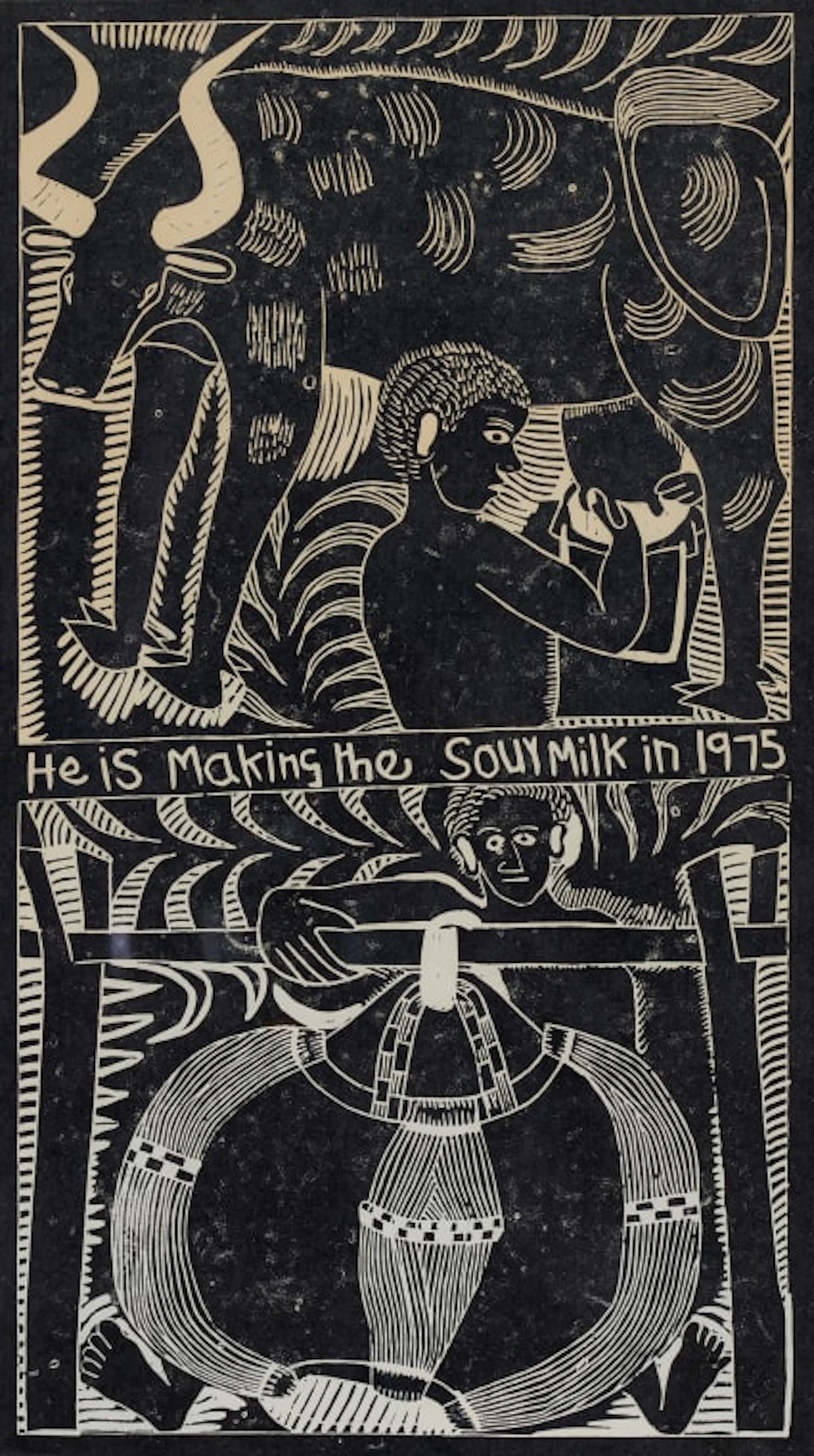 John Muafangejo; He is Making the Sour Milk in 1975