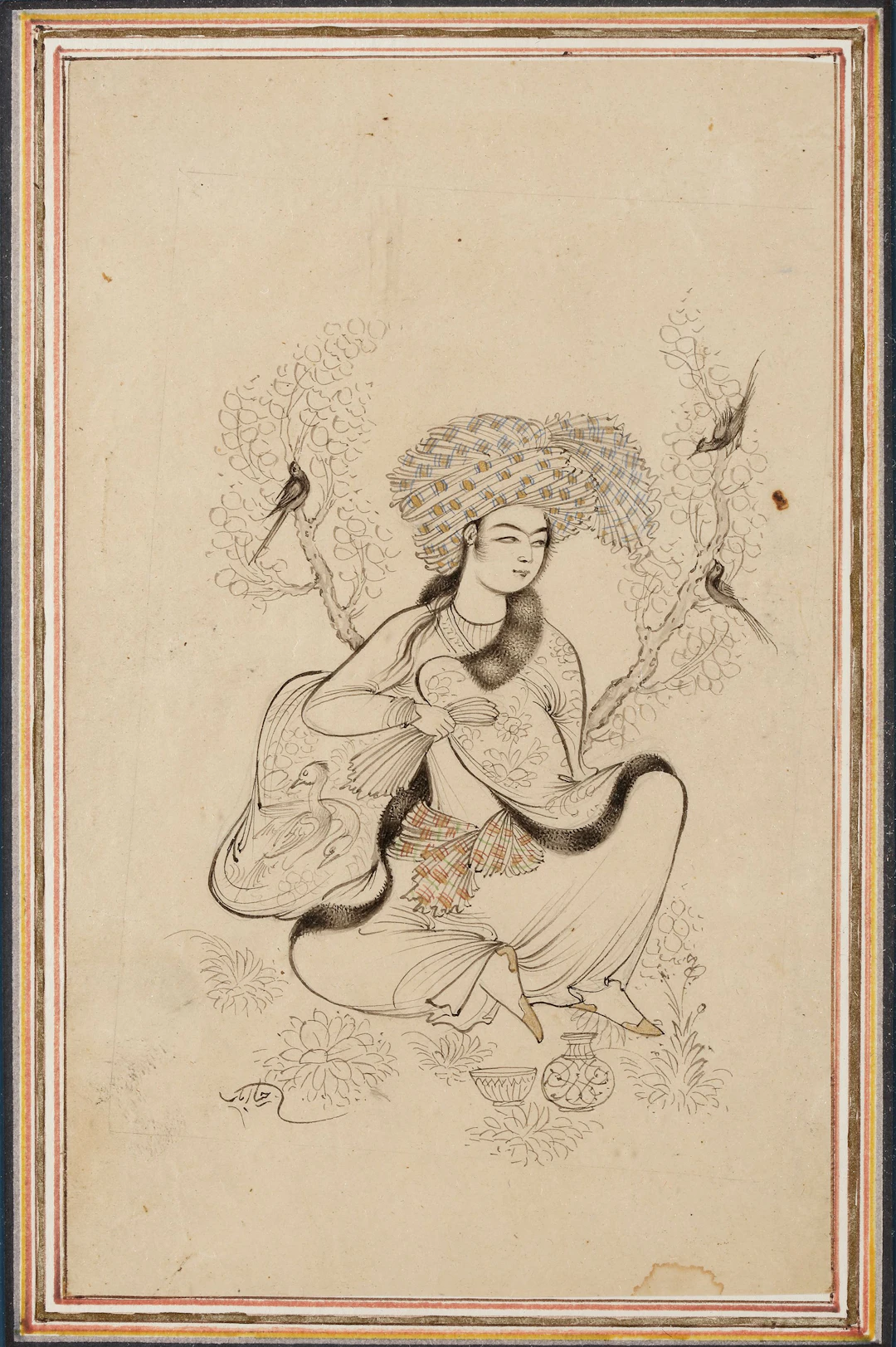 A SAFAVID-STYLE PERSIAN MINIATURE PAINTING OF A SEATED LADY, 19TH/20TH CENTURY