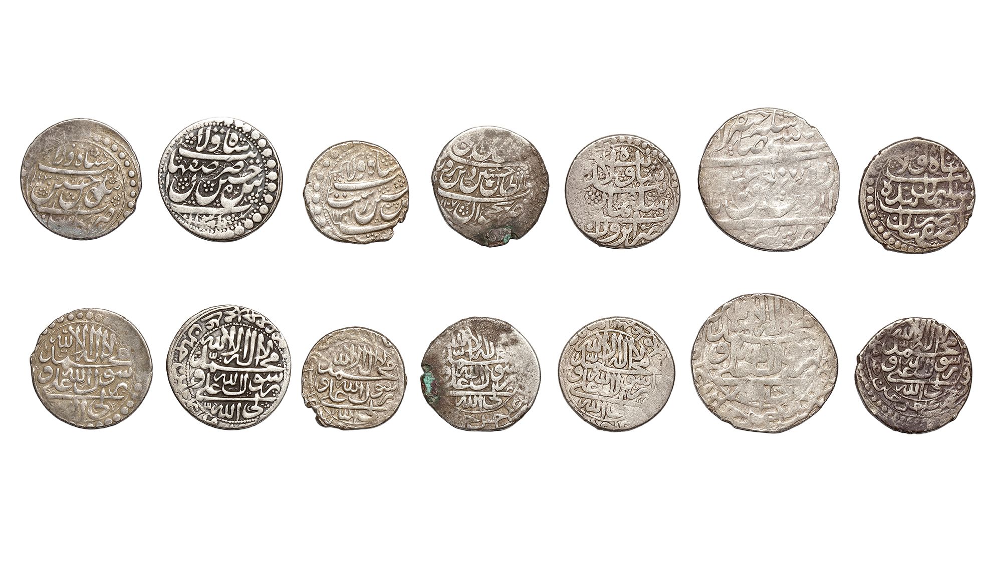 SAFAVID, TEMP. SULEIMAN I AND SULTAN HUSAYN, SEVEN SILVER COINS, DATED