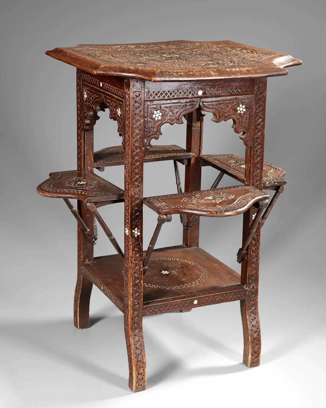 A SYRIAN CARVED AND BONE-INLAID WOODEN TABLE, 20TH CENTURY