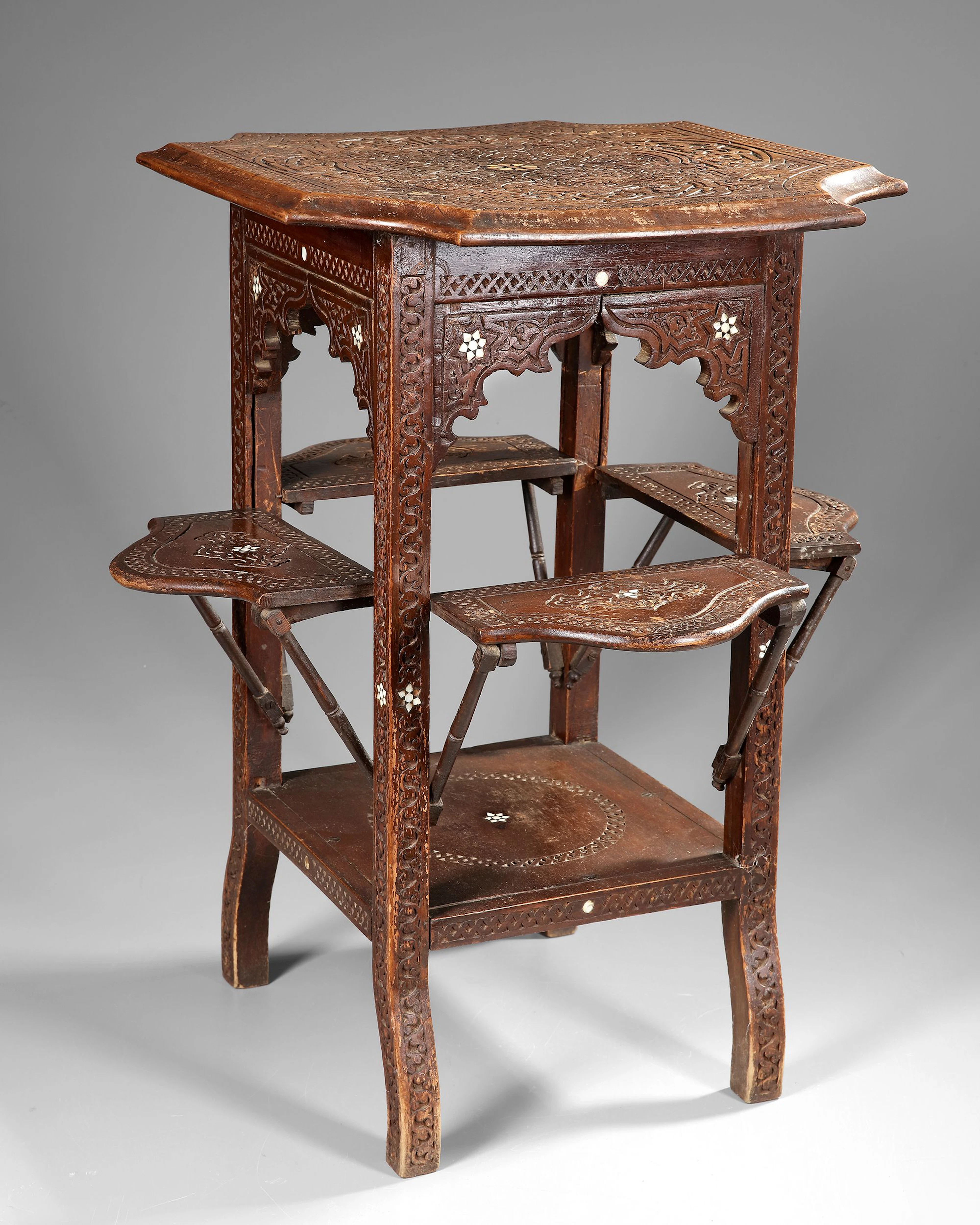 A SYRIAN CARVED AND BONE-INLAID WOODEN TABLE, 20TH CENTURY
