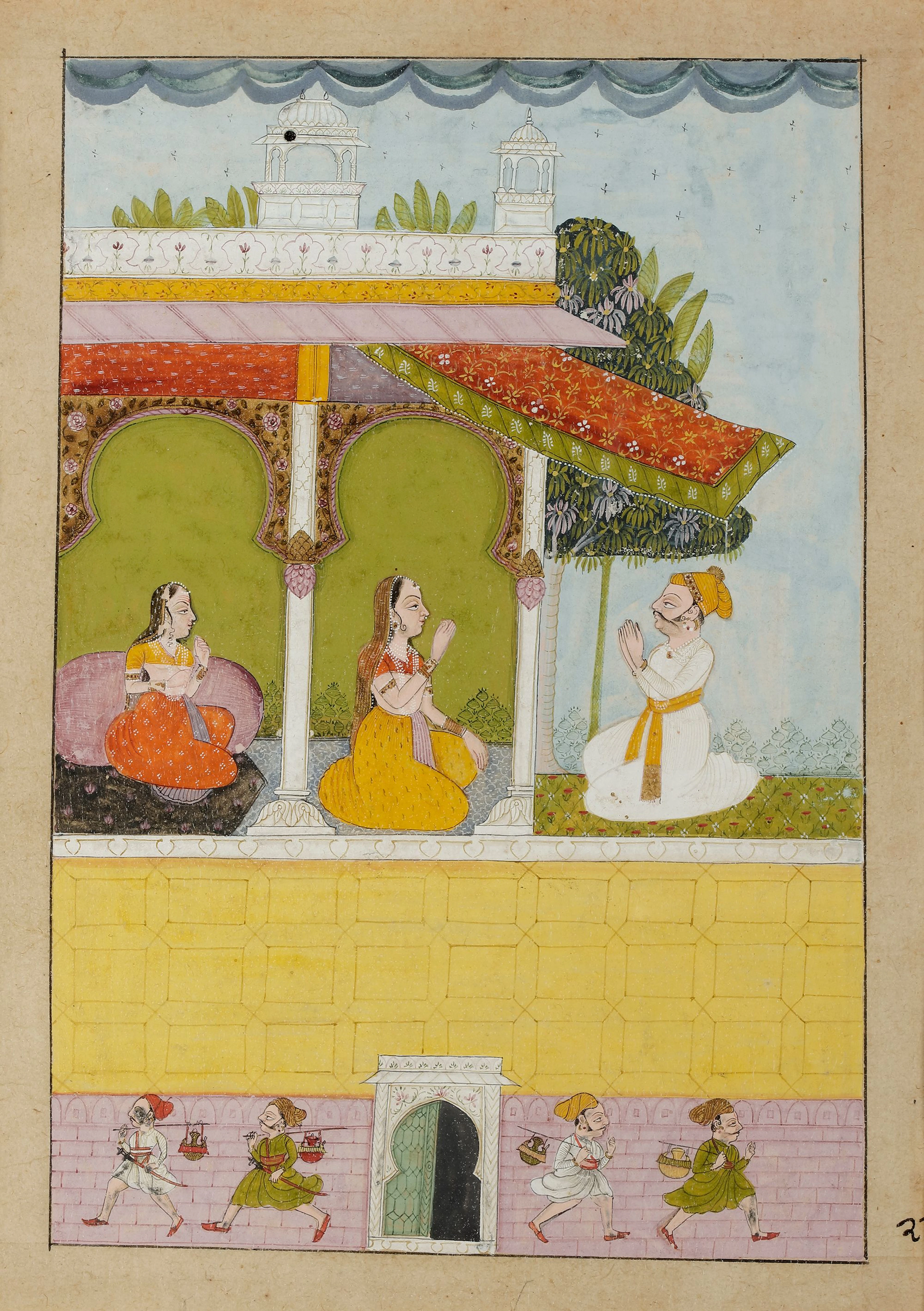 AN INDIAN MINIATURE PAINTING OF COURTLY LADIES RECEIVING A MALE COURTIER