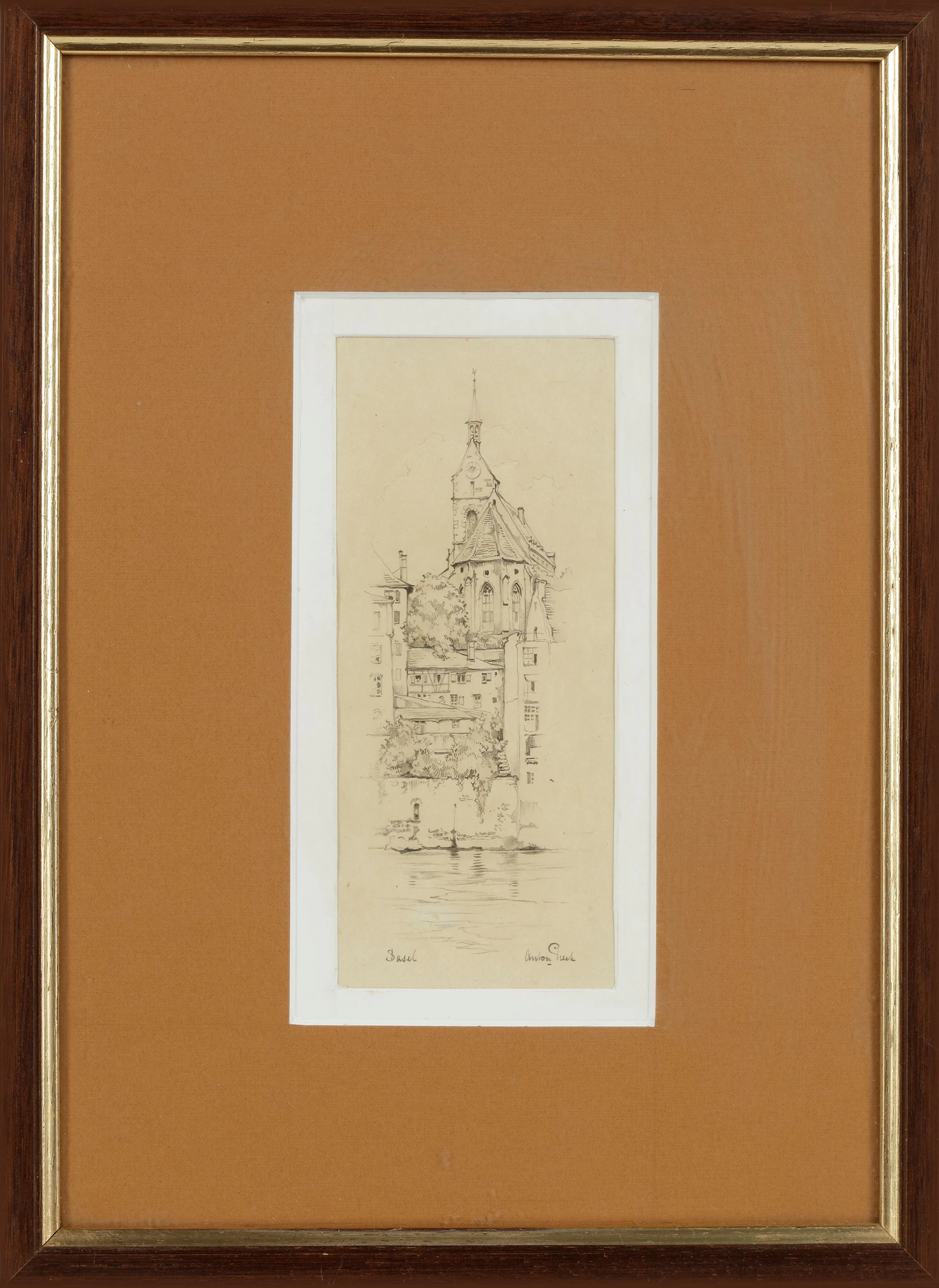 ANTON PIECK, INK, SKETCH OF BASEL, SWITZERLAND, CIRCA 1968