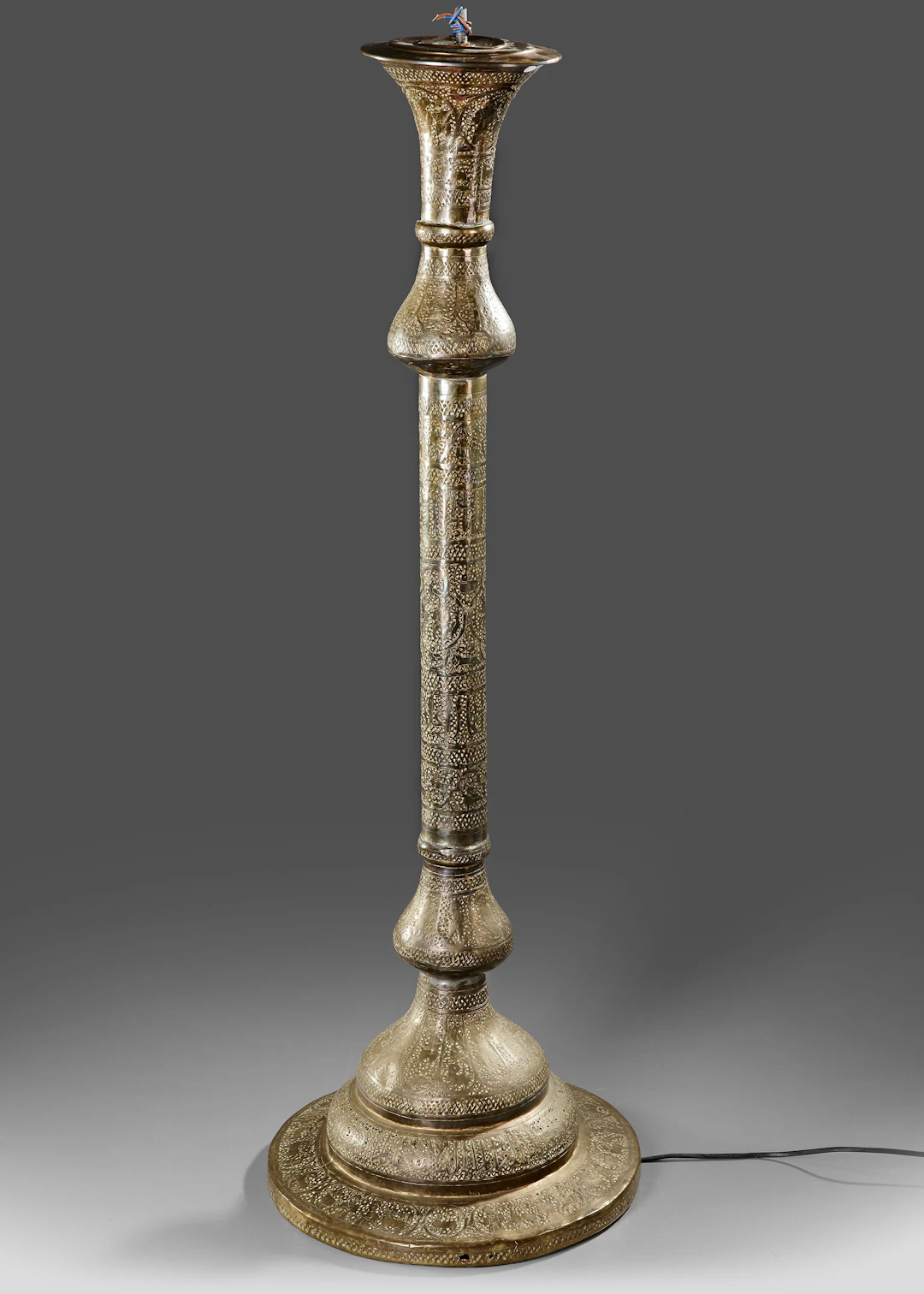 AN OTTOMAN PIERCED BRASS LAMP STAND, 19TH CENTURY