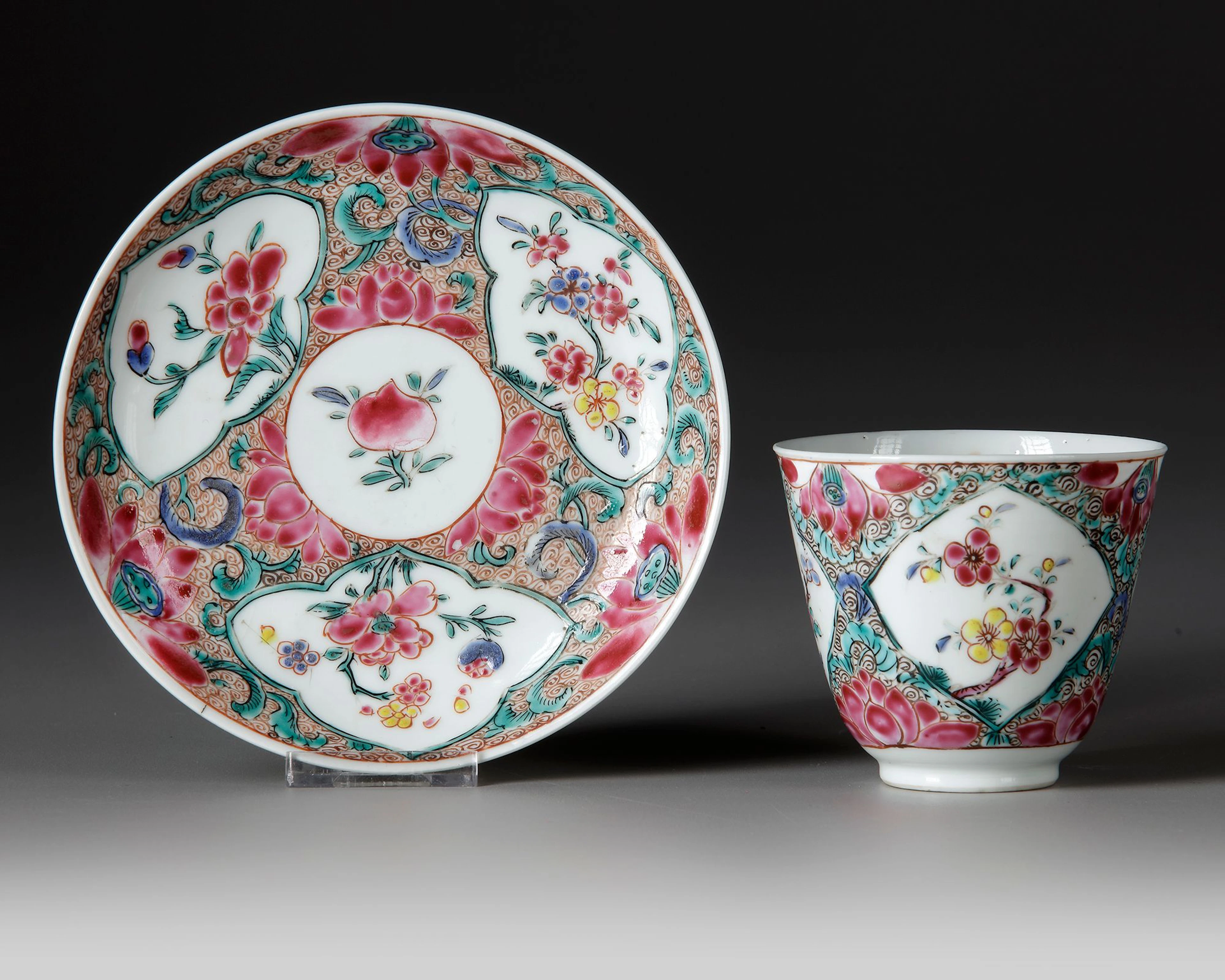 A CHINESE FAMILLE ROSE CUP AND SAUCER, QIANLONG PERIOD
