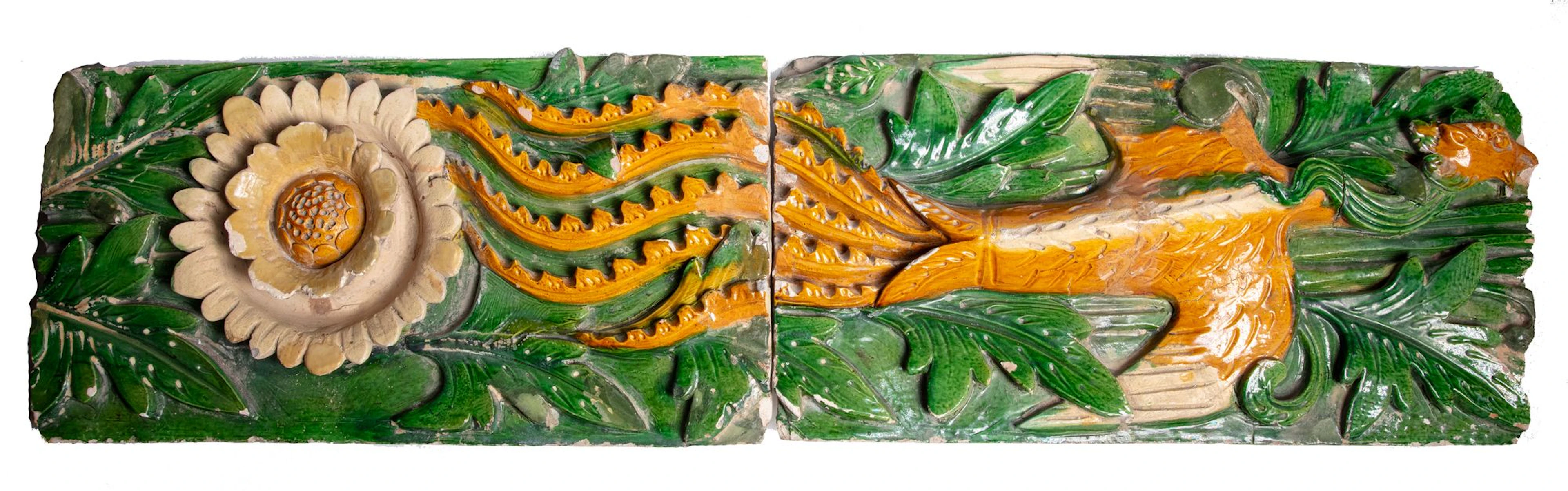 A SET OF TWO GREEN AND AMBER GLAZED ARCHITECTURAL TILES, CHINA, MING