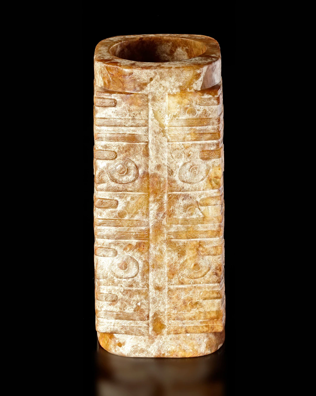 A YELLOWISH-BROWN MOTTLED FIVE-TIERED JADE CONG, CHINA, LIANGZHU CULTURE