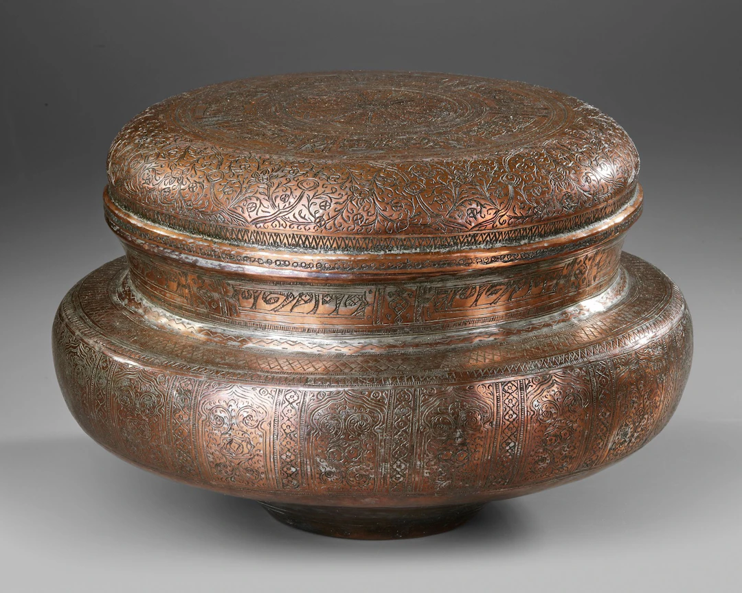 AN ENGRAVED POT WITH COVER, QAJAR PERSIA, 19TH CENTURY
