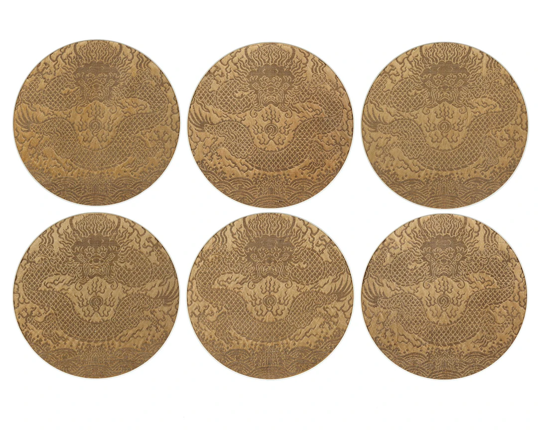 SIX TIBETAN YELLOW-GROUND BROCADE 'DRAGON' PANELS, 18TH CENTURY