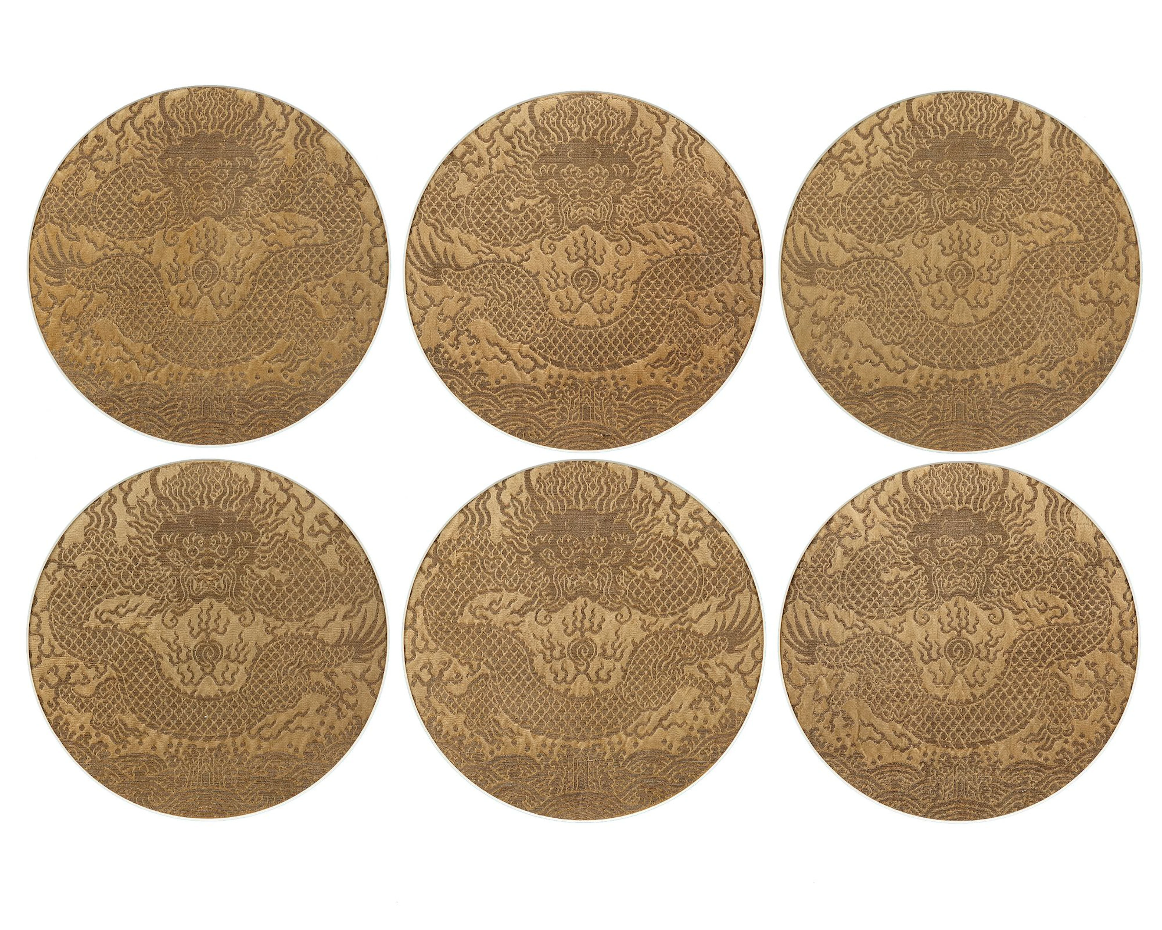 SIX TIBETAN YELLOW-GROUND BROCADE 'DRAGON' PANELS, 18TH CENTURY
