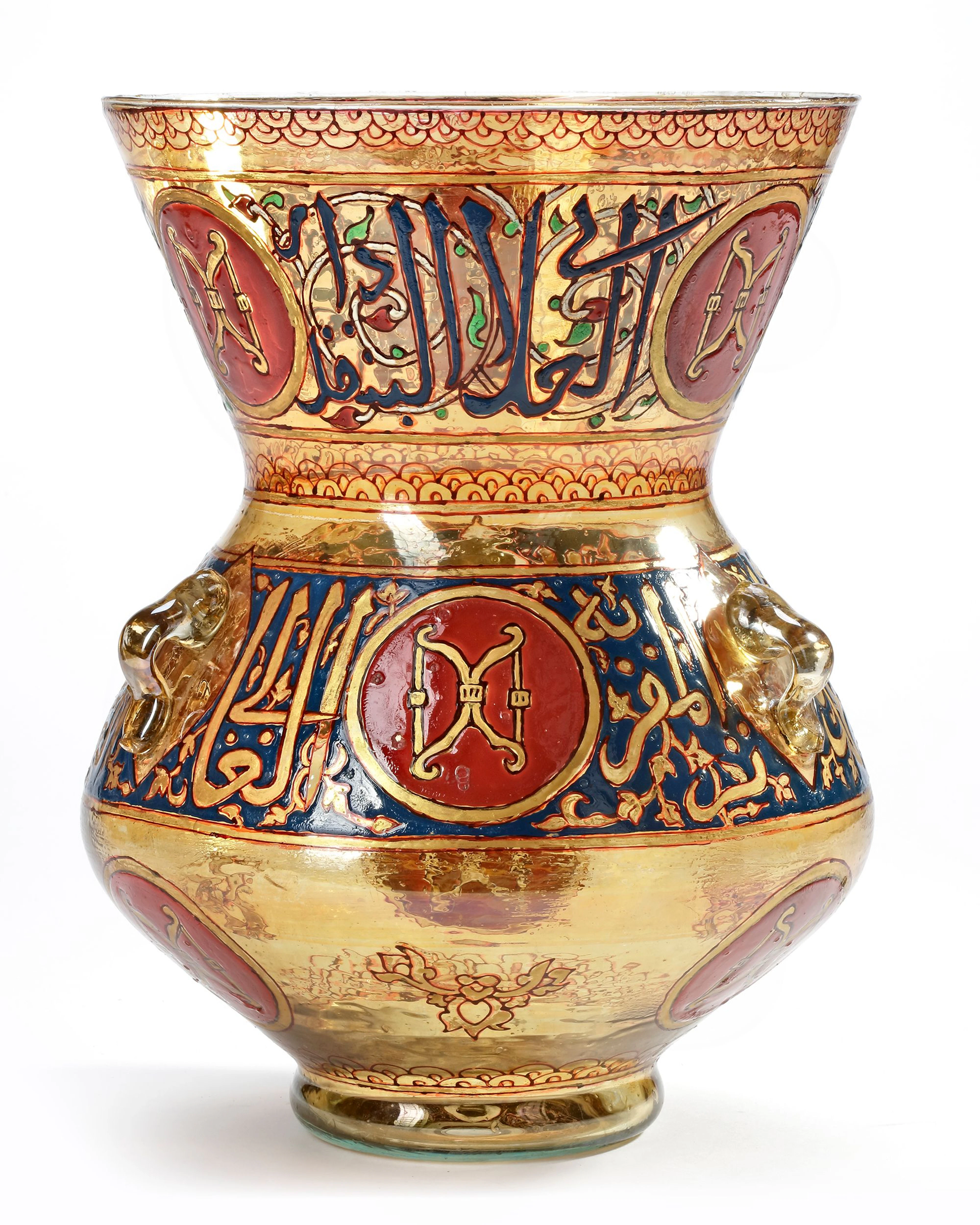 A LARGE ISLAMIC GILT AND ENAMELED GLASS MOSQUE LAMP, 19TH CENTURY
