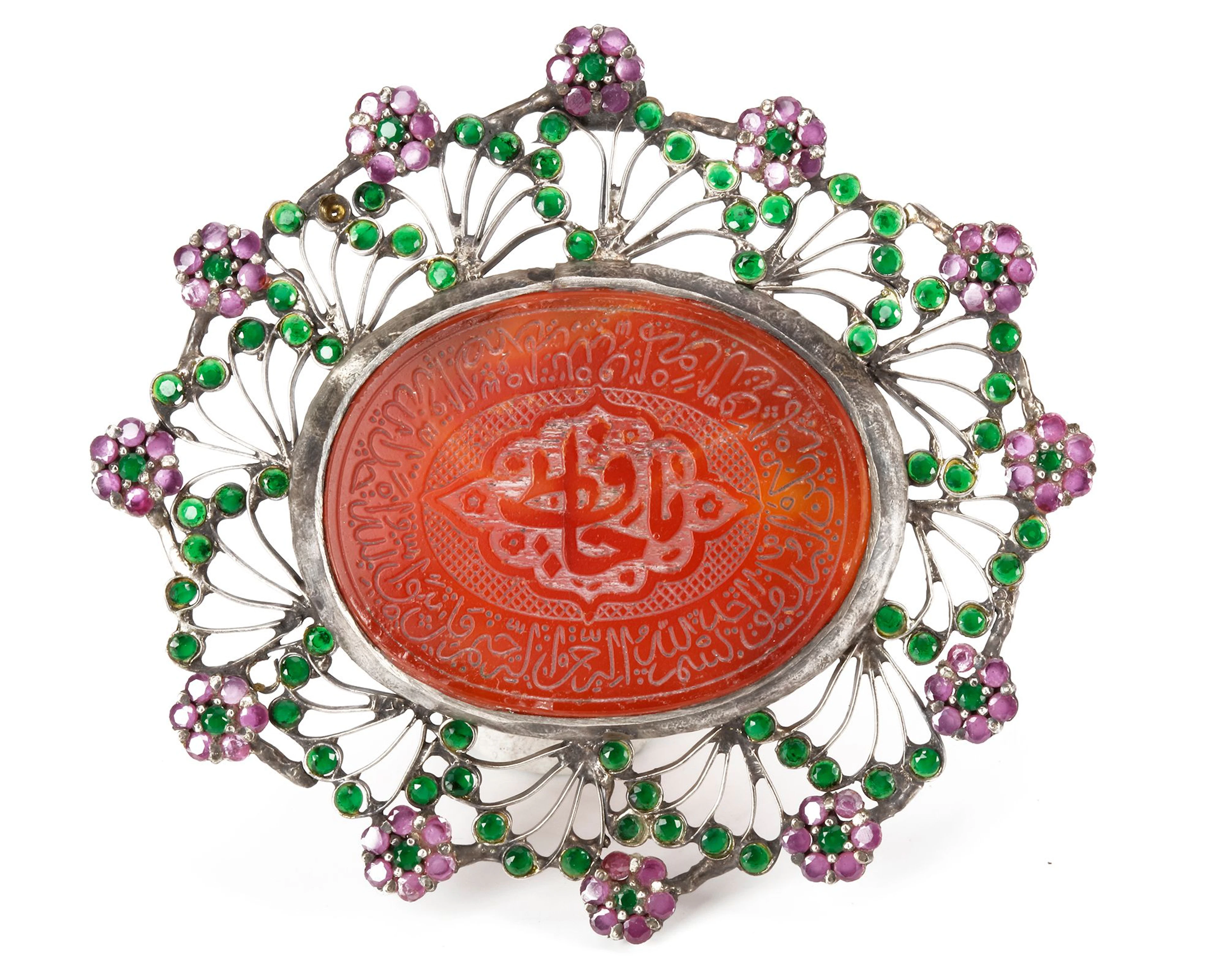 A MUGHAL GEM-SET CARNELIAN SILVER-MOUNTED PENDANT, INDIA, 19TH CENTURY