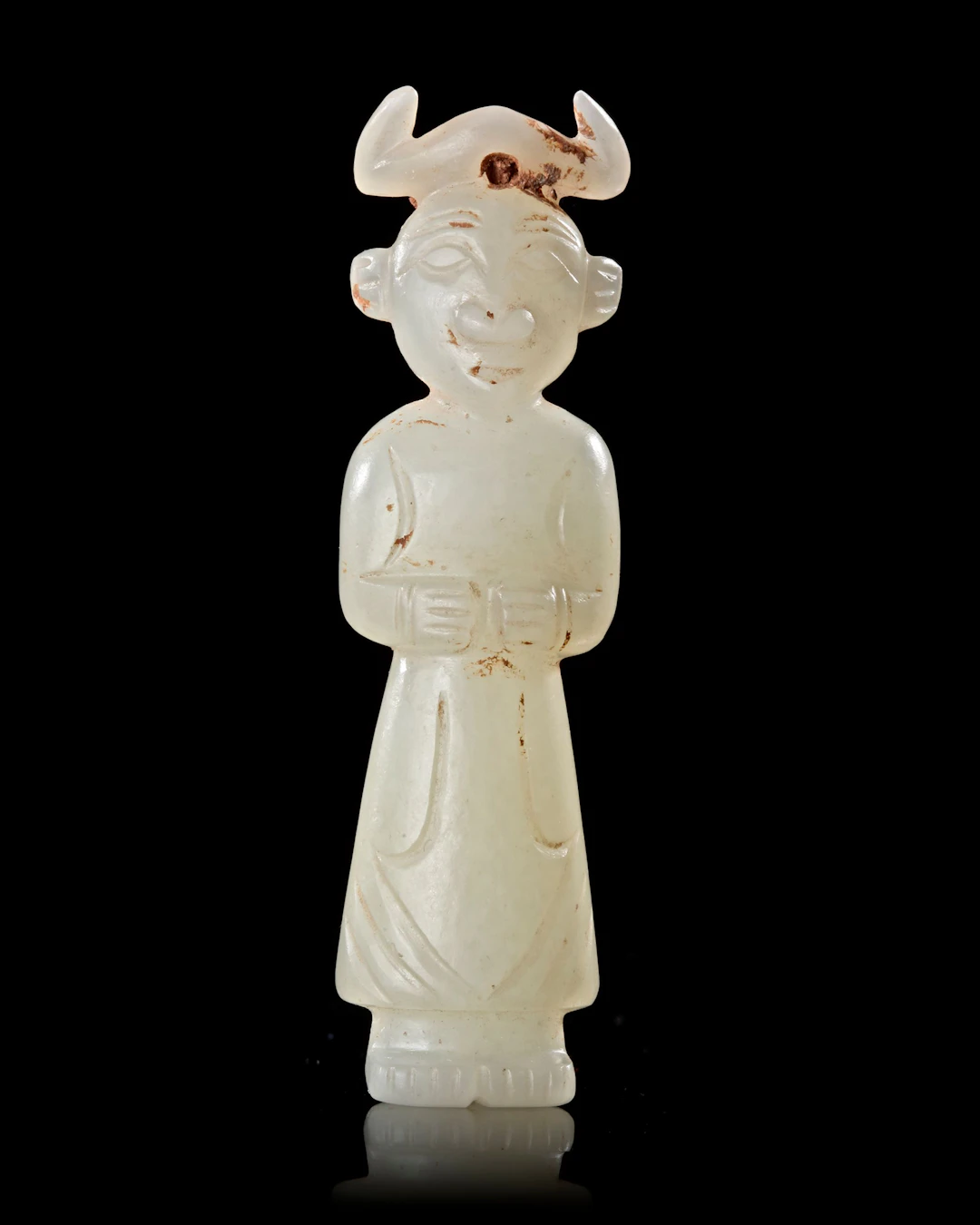 A HORNED JADE STANDING FIGURE, WESTERN HAN DYNASTY (206 BC–9 AD)