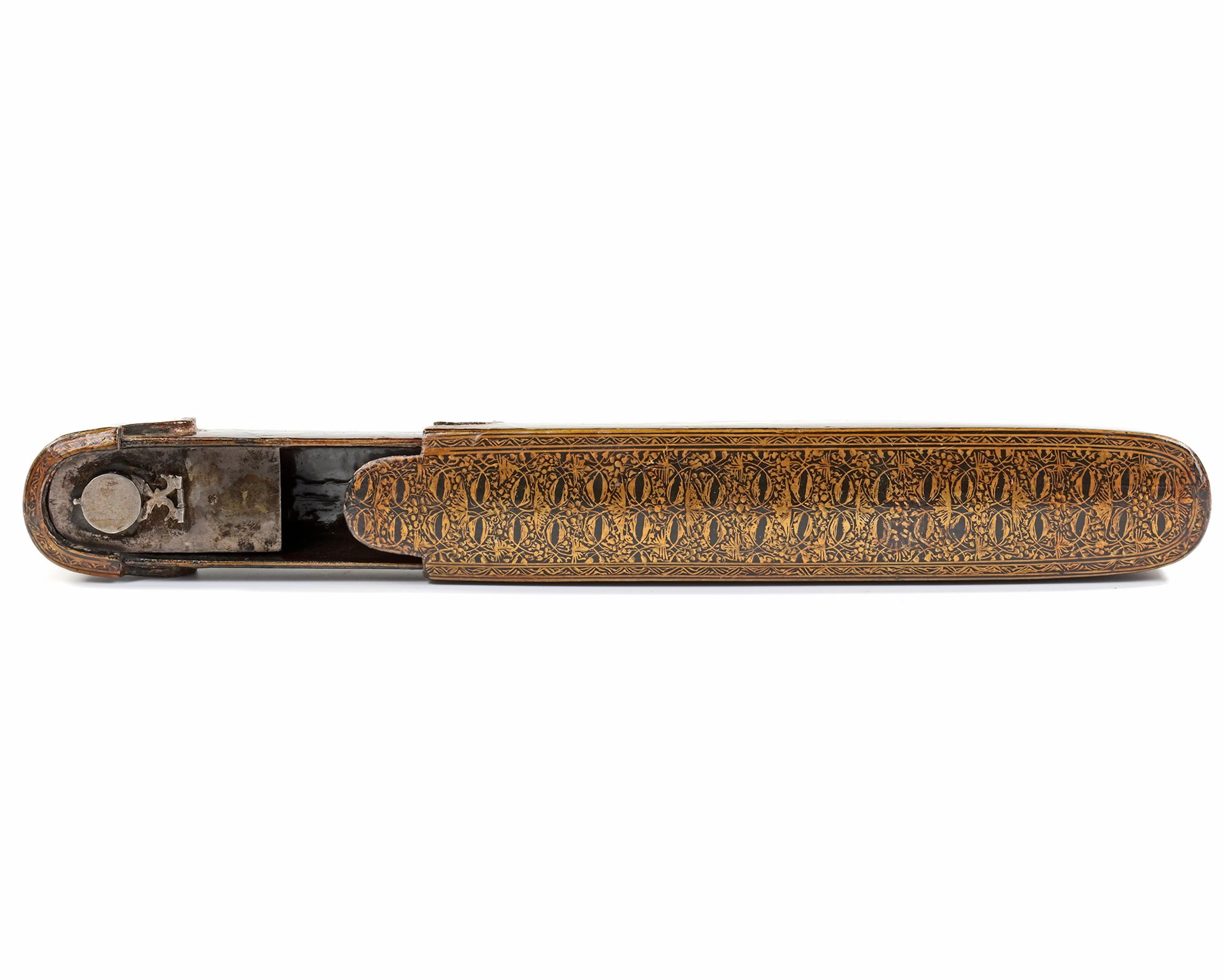 A QAJAR POLYCHROME LACQUERED PAPIER-MACHE PENCASE, PERSIA, CIRCA 1880
