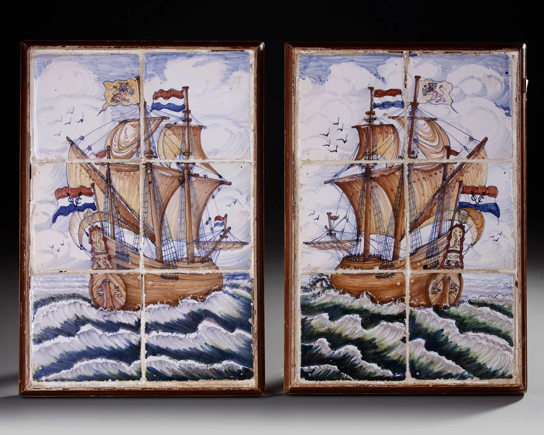 A PAIR OF DELFTWARE TILES DEPICTING DUTCH SAILING SHIPS, 19TH CENTURY