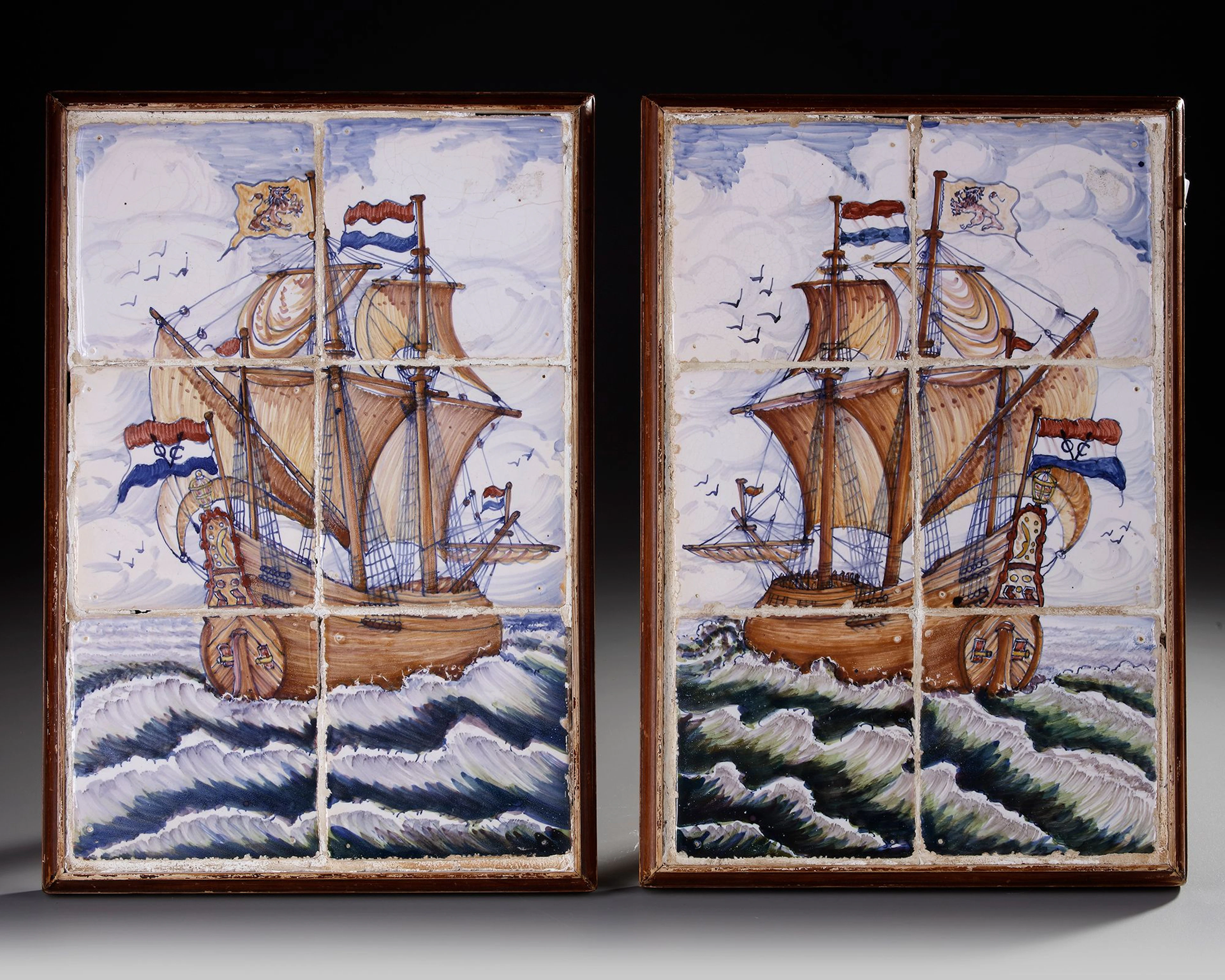 A PAIR OF DELFTWARE TILES DEPICTING DUTCH SAILING SHIPS, 19TH CENTURY