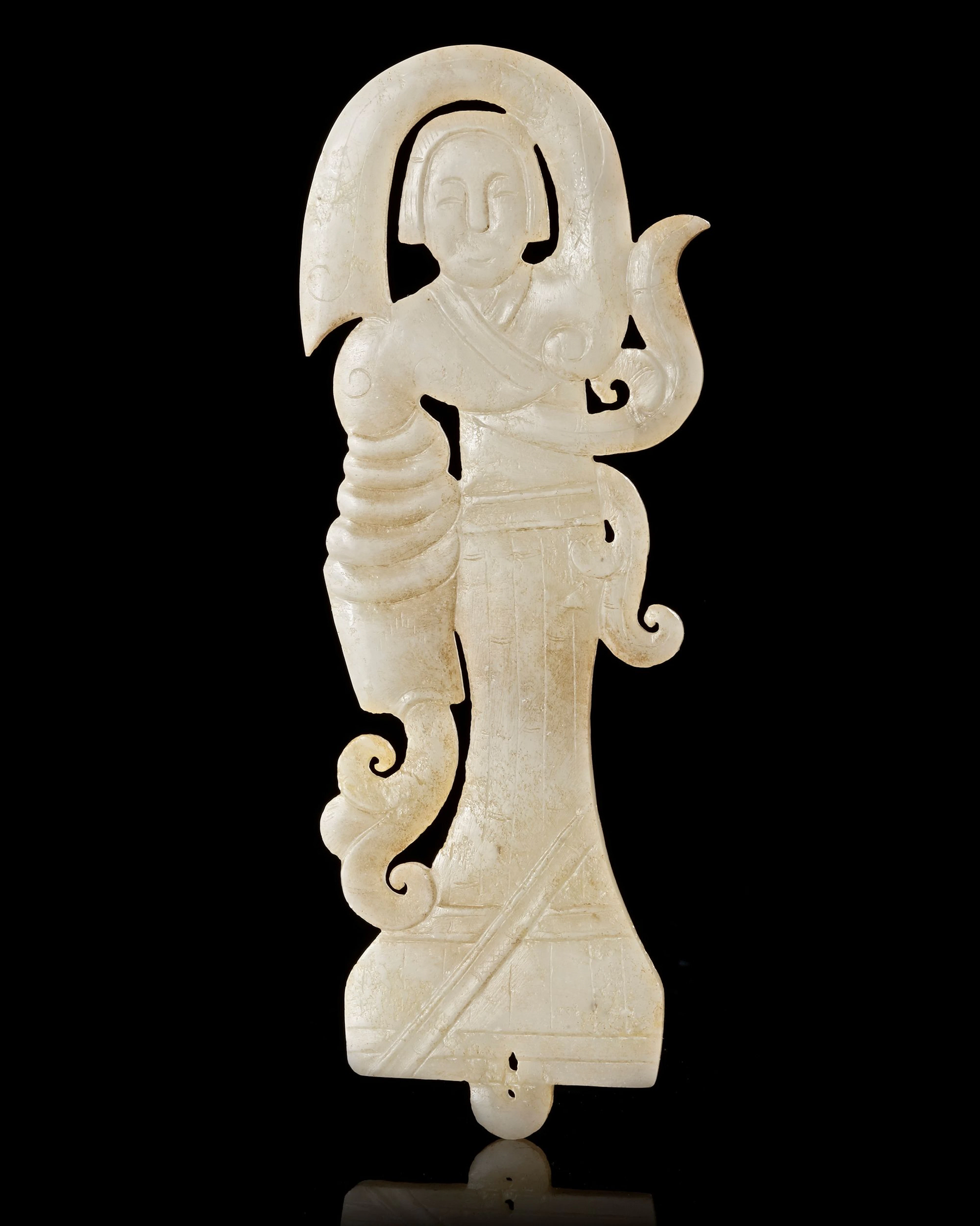 A CHINESE WHITE JADE OF A DANCER, WESTERN HAN DYNASTY (206 BC–9 AD)
